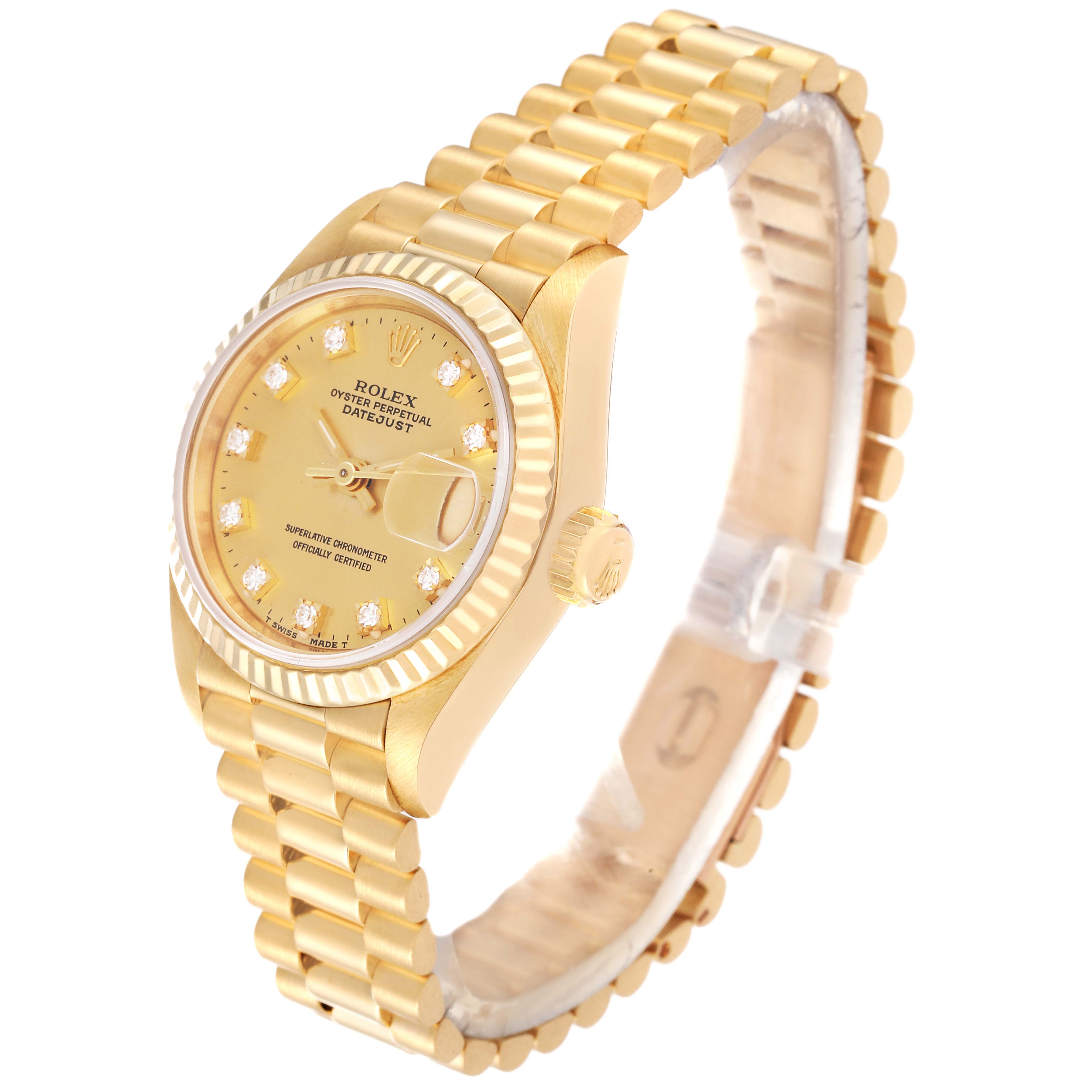 This Rolex President 69178 Women's Yellow Gold Champagne Dial 69178 Women's Yellow Gold Champagne Dial model watch is shown at an angle displaying its gold dial, bezel, case, and linked bracelet band.