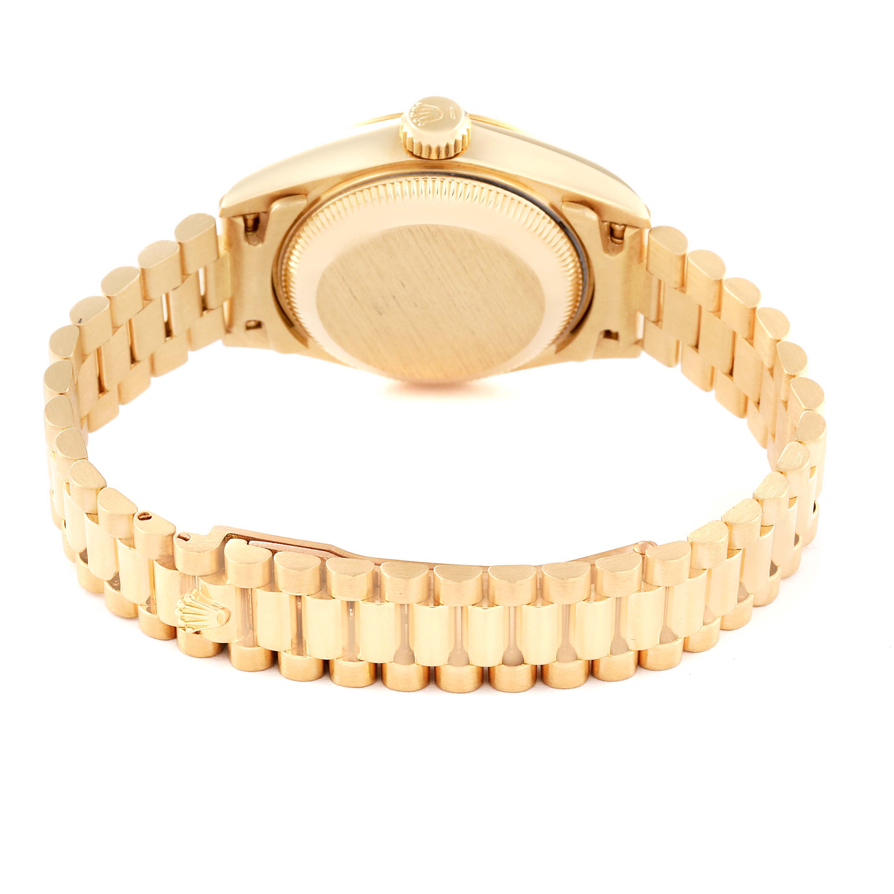 The image shows the back view of a Rolex President 69178 Women's Yellow Gold Champagne Dial 69178 Women's Yellow Gold Champagne Dial model watch, highlighting the case back and the gold bracelet.