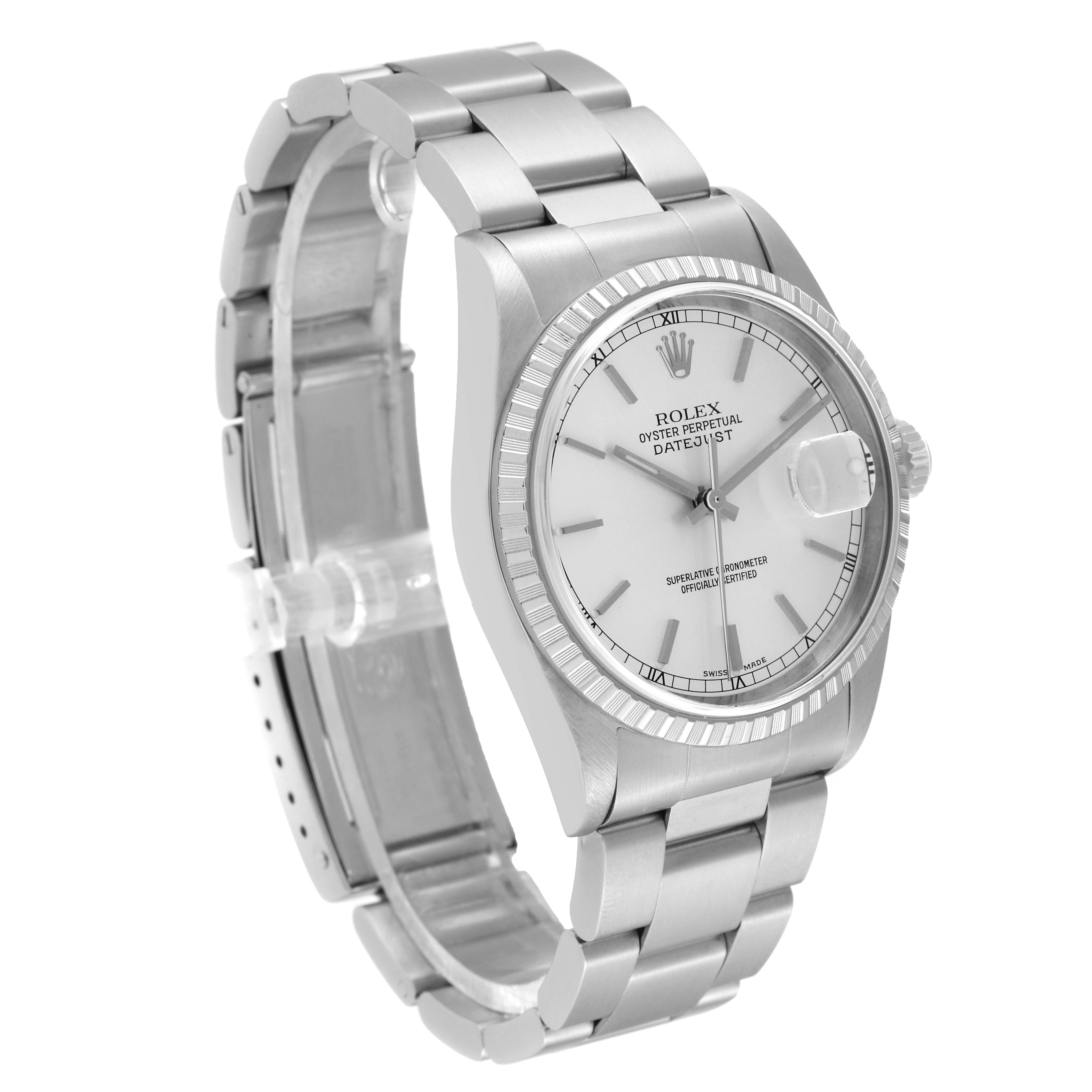 The Rolex Datejust 16220 Men's Stainless Steel Silver Dial 16220 Men's Stainless Steel Silver Dial watch is shown at a three-quarter angle, highlighting the bracelet, bezel, case, and dial.