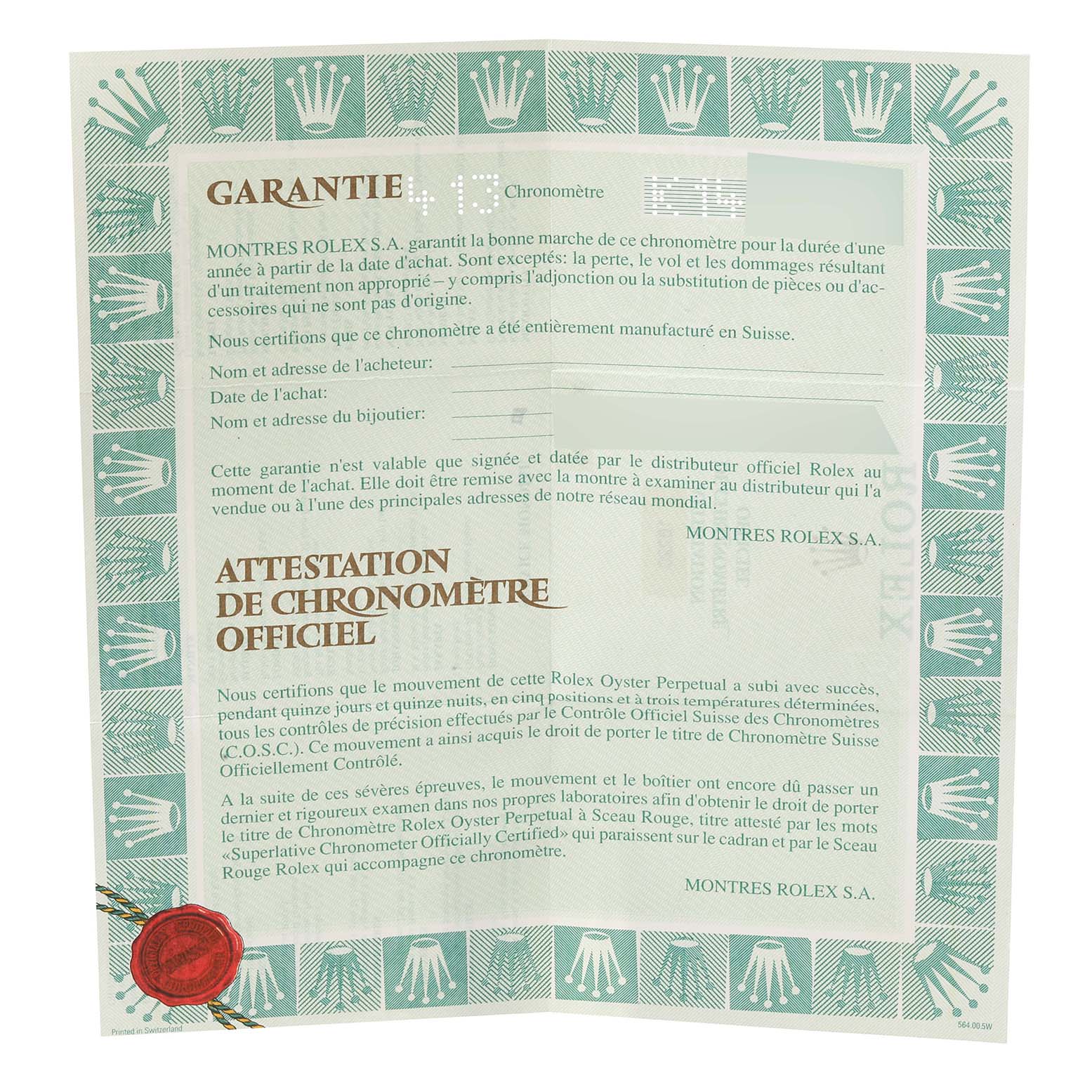 The image shows a guarantee and chronometer certification document for a Rolex Datejust 16220 Men's Stainless Steel Silver Dial 16220 Men's Stainless Steel Silver Dial watch.