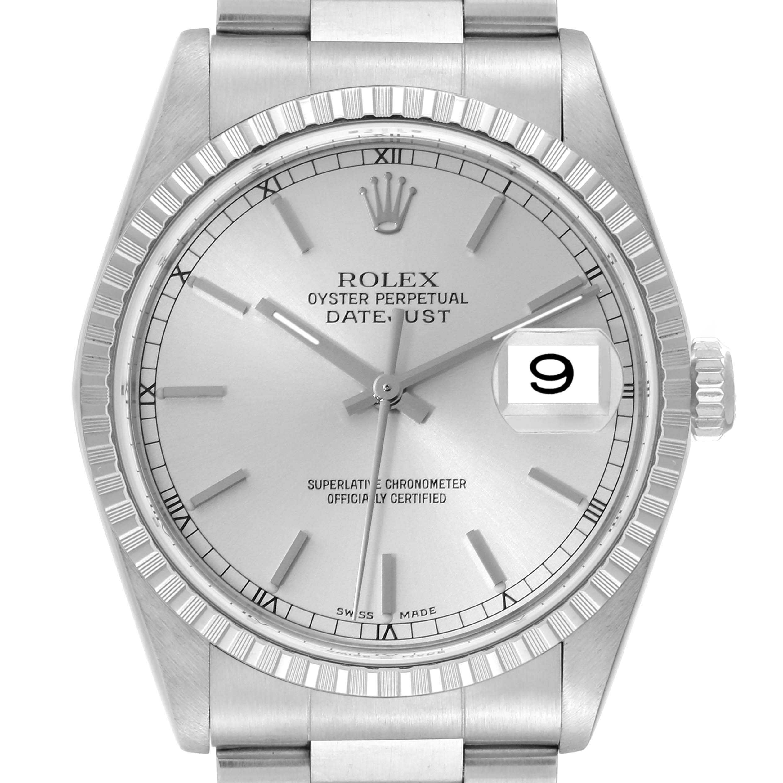 This image shows a frontal view of a Rolex Datejust 16220 Men's Stainless Steel Silver Dial 16220 Men's Stainless Steel Silver Dial watch, highlighting the dial, hands, date window, and bezel.