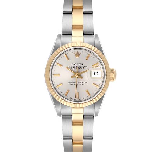 The Rolex Datejust watch is shown from a front view, highlighting its dial, two-tone bracelet, and fluted bezel.