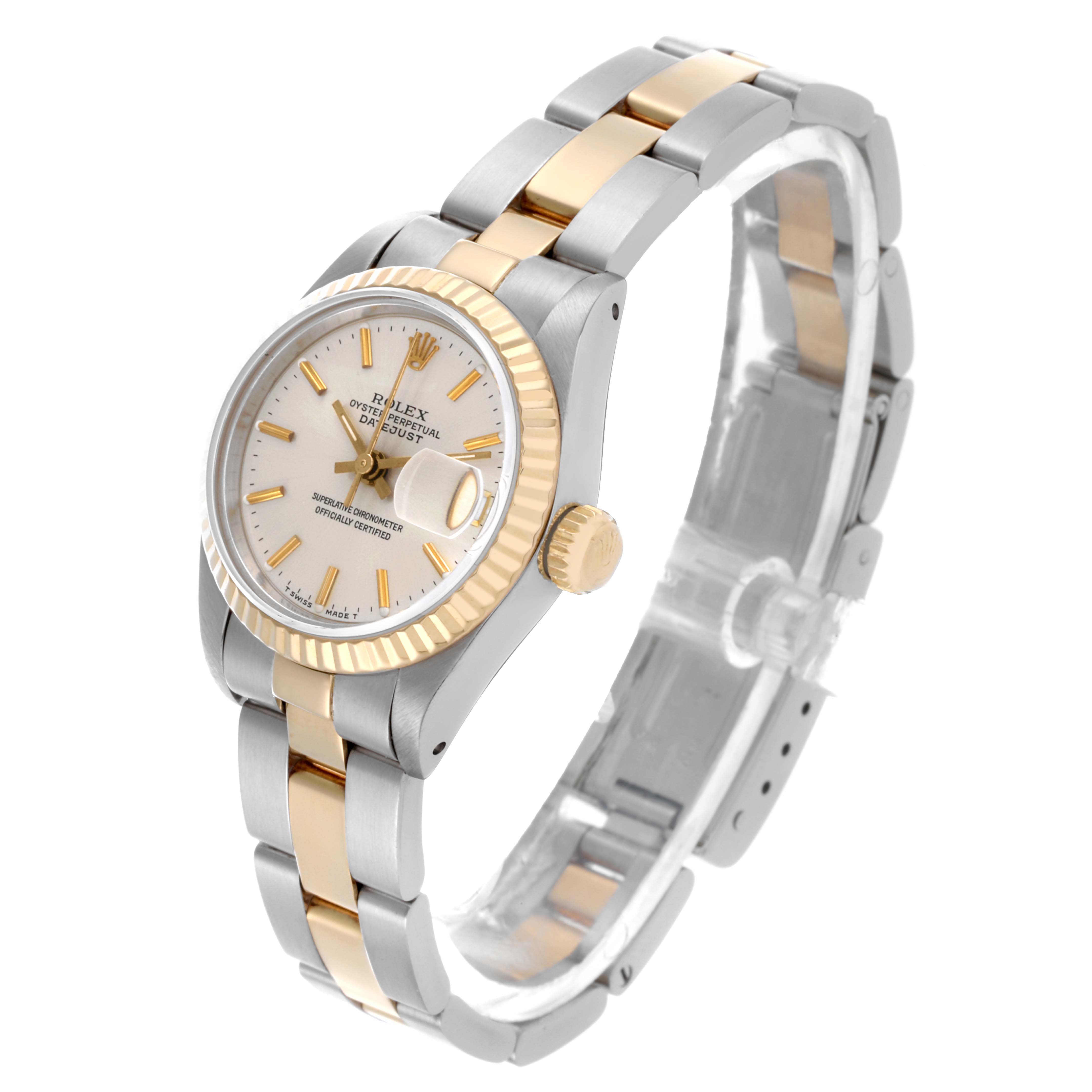 The Rolex Datejust 69173 Women's Steel and Gold (two tone) Silver Dial 69173 Women's Steel and Gold (two tone) Silver Dial watch is shown at a three-quarter angle, highlighting the face, bezel, and part of the bracelet.