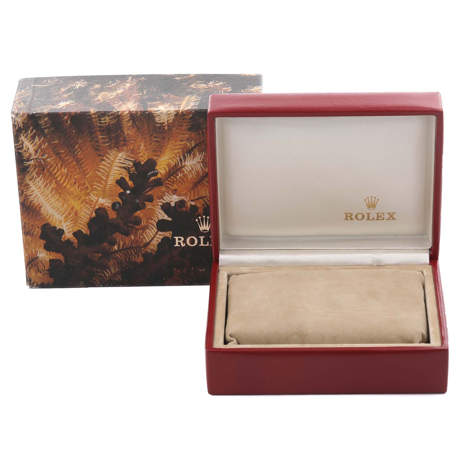 The image shows the box for a Rolex Datejust 69173 Women's Steel and Gold (two tone) Silver Dial 69173 Women's Steel and Gold (two tone) Silver Dial, open with a cushion inside and the outer decorative box beside it.