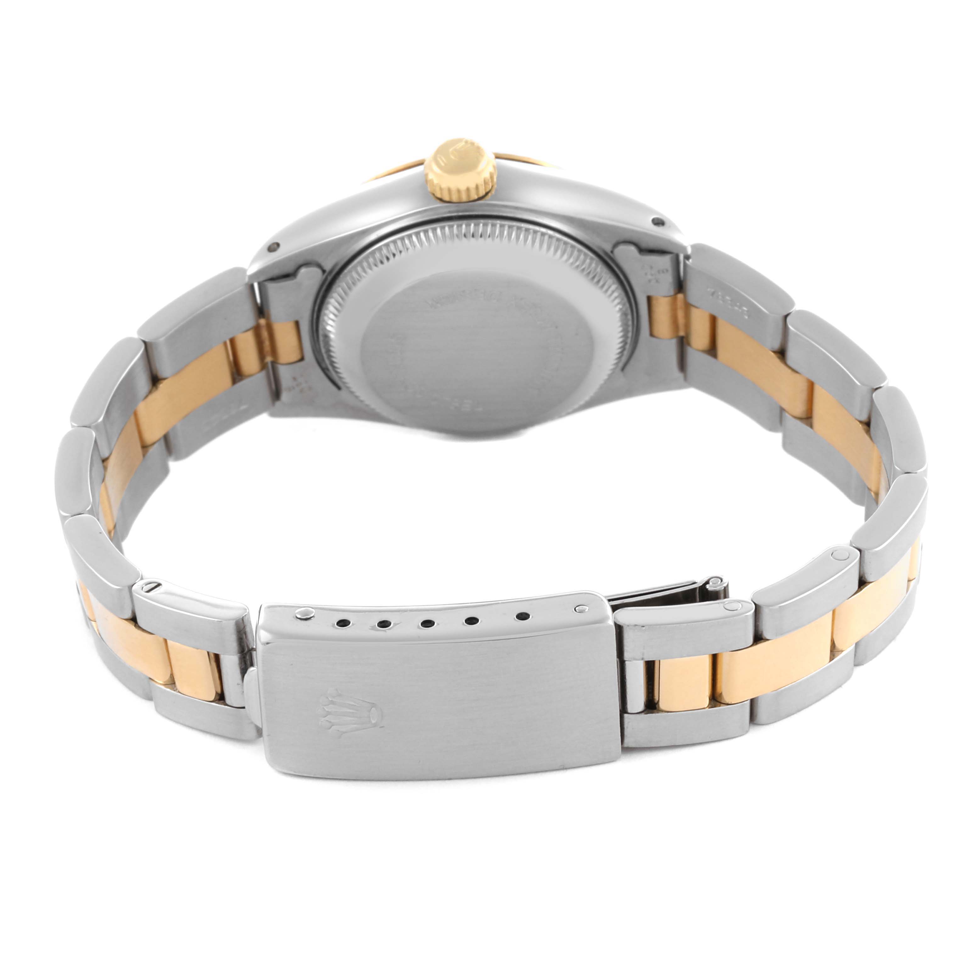 The image shows the Rolex Datejust 69173 Women's Steel and Gold (two tone) Silver Dial 69173 Women's Steel and Gold (two tone) Silver Dial watch from the back, highlighting the closed clasp and two-tone bracelet.