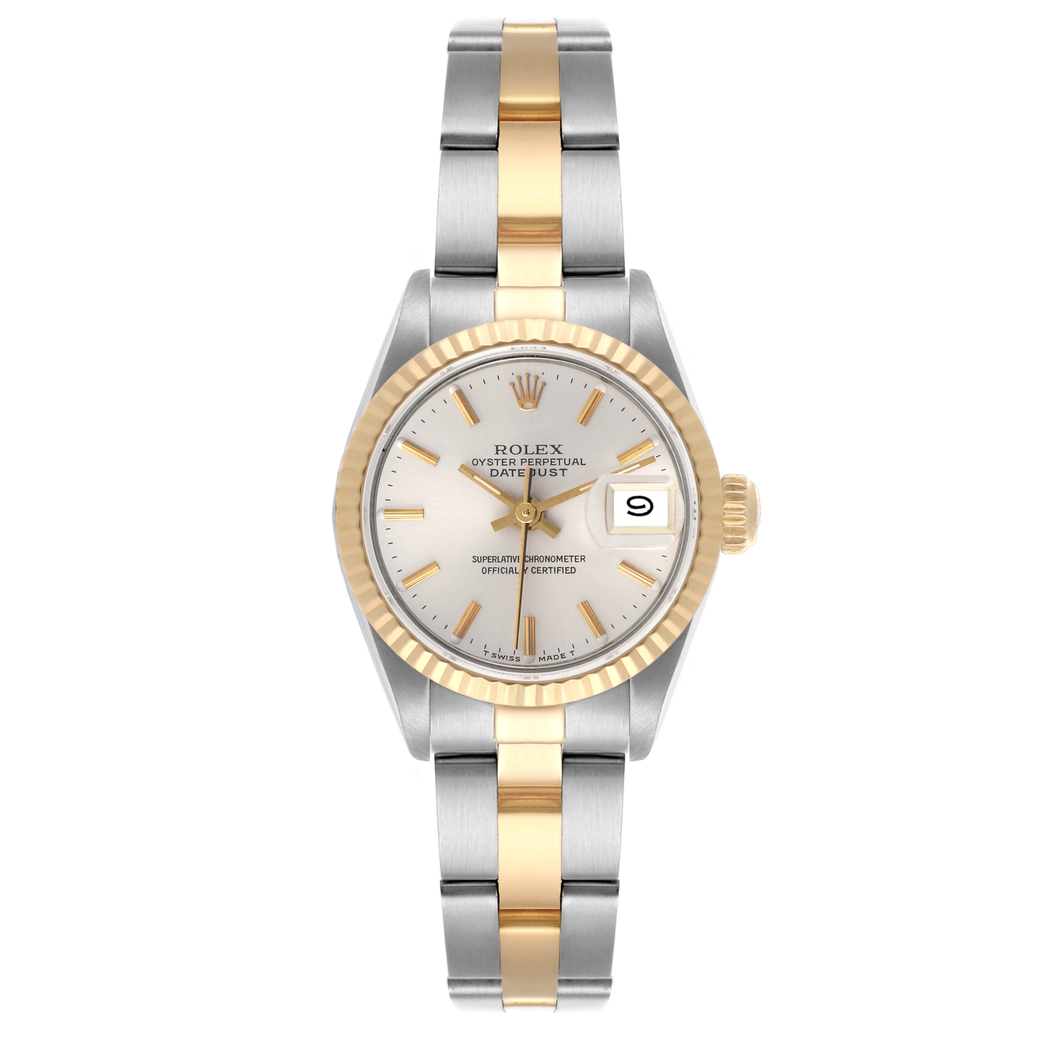 The Rolex Datejust 69173 Women's Steel and Gold (two tone) Silver Dial 69173 Women's Steel and Gold (two tone) Silver Dial watch is shown from a top-down angle, displaying the face, bezel, and bracelet.