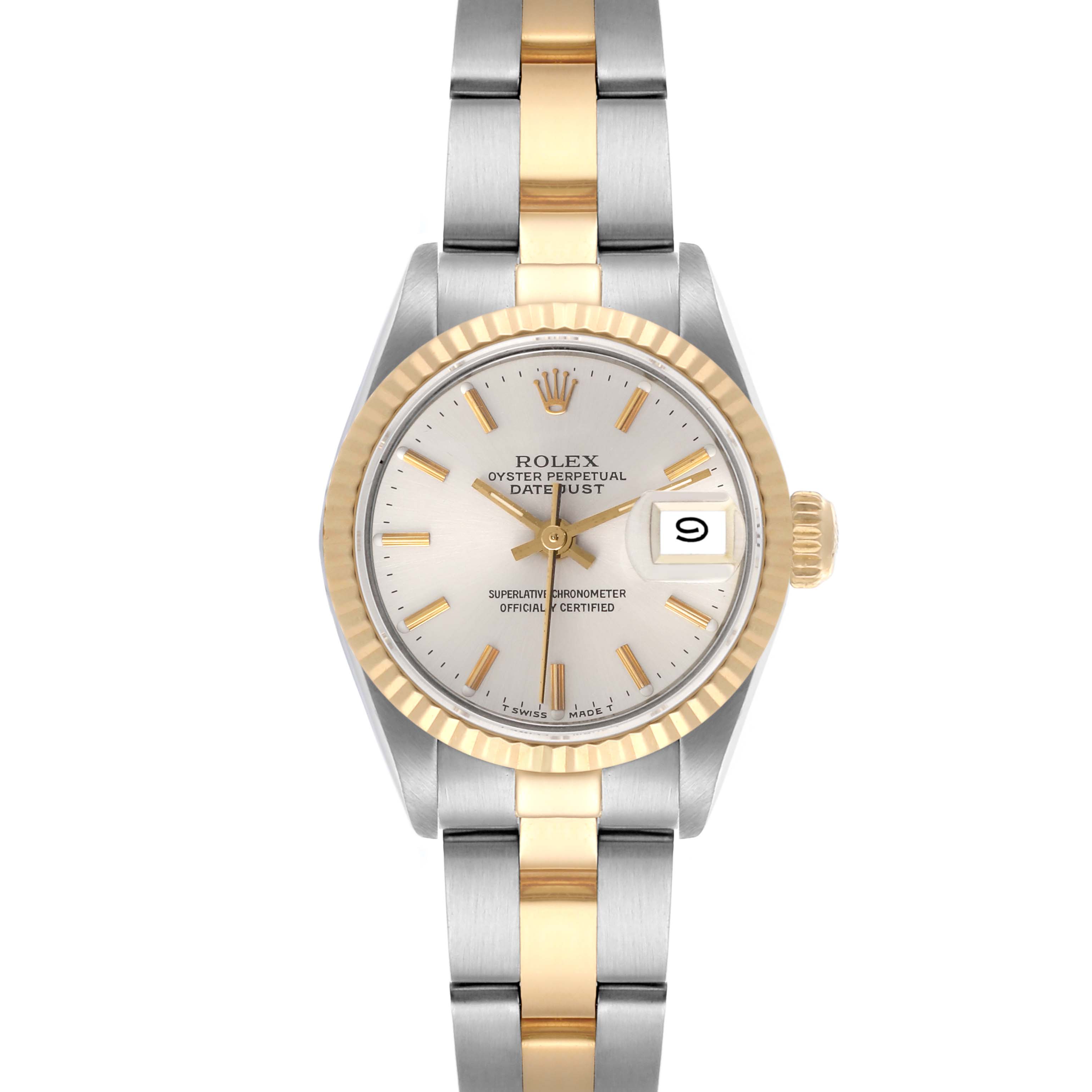 The Rolex Datejust 69173 Women's Steel and Gold (two tone) Silver Dial 69173 Women's Steel and Gold (two tone) Silver Dial watch is shown from the front, displaying the face, bezel, crown, and a two-tone bracelet.