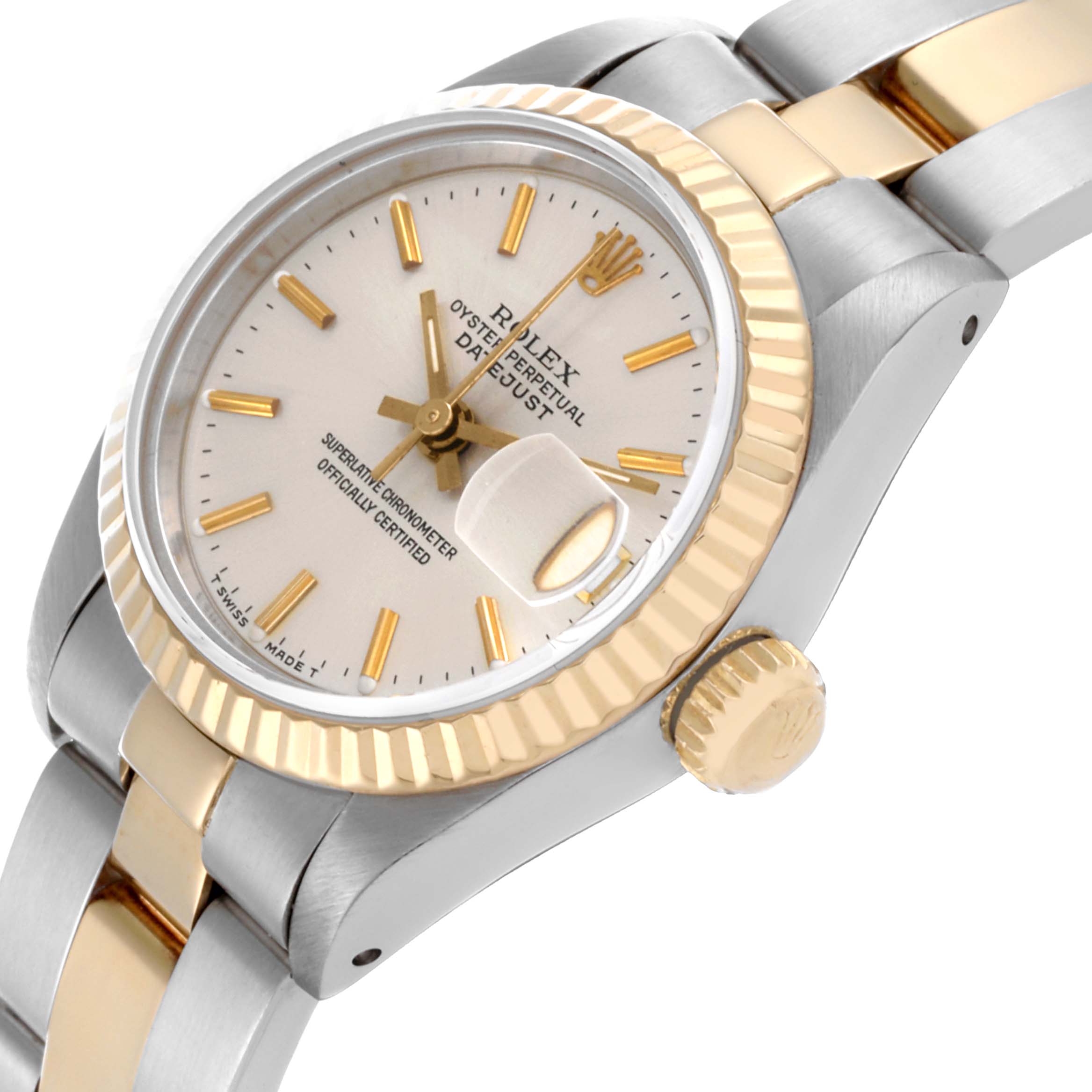 The Rolex Datejust 69173 Women's Steel and Gold (two tone) Silver Dial 69173 Women's Steel and Gold (two tone) Silver Dial watch is shown at an angle displaying the dial, fluted bezel, crown, and part of the two-tone bracelet.