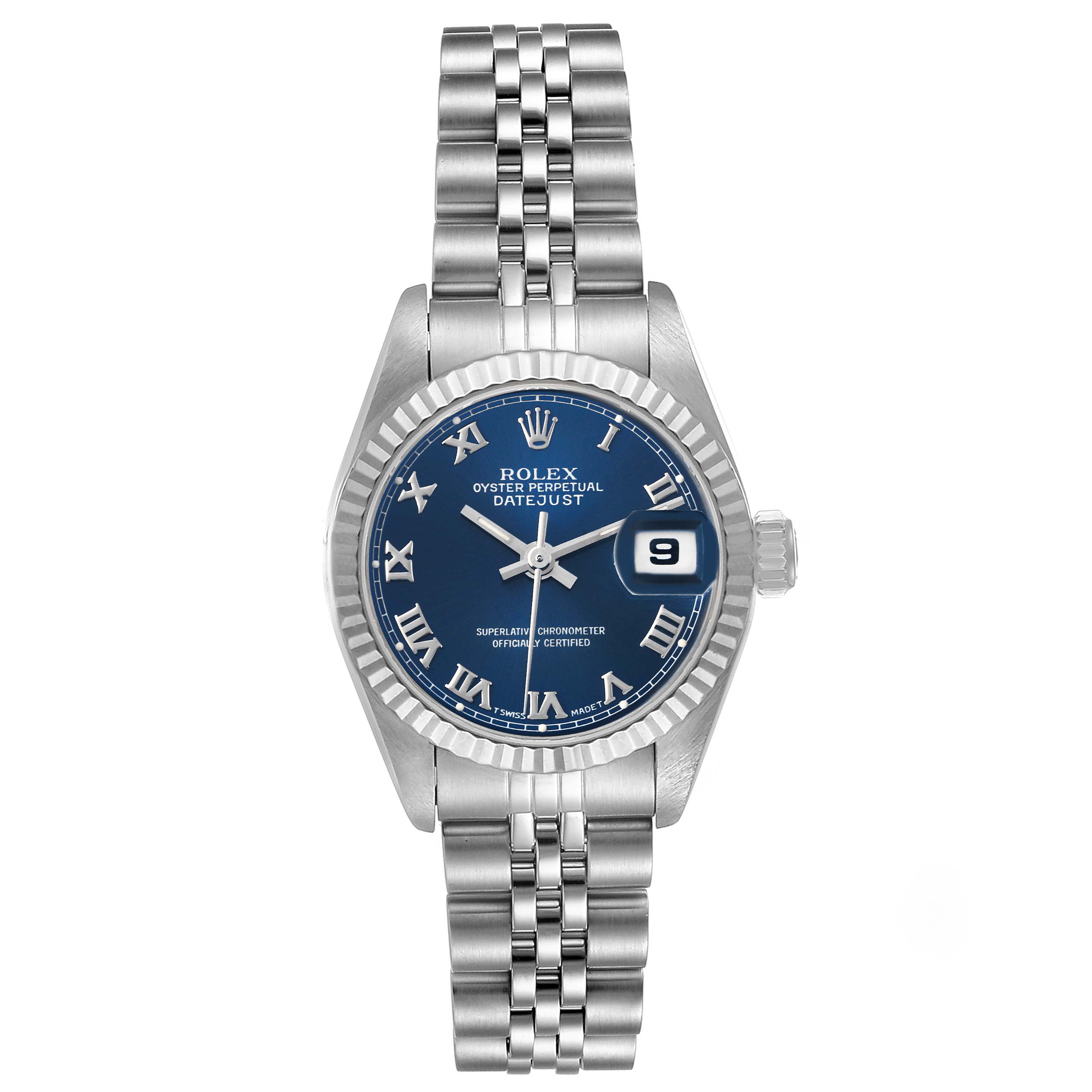 The image shows a frontal view of the Rolex Datejust 69174 Women's Stainless Steel Blue Dial 69174 Women's Stainless Steel Blue Dial watch, highlighting its blue dial, fluted bezel, and Jubilee bracelet.