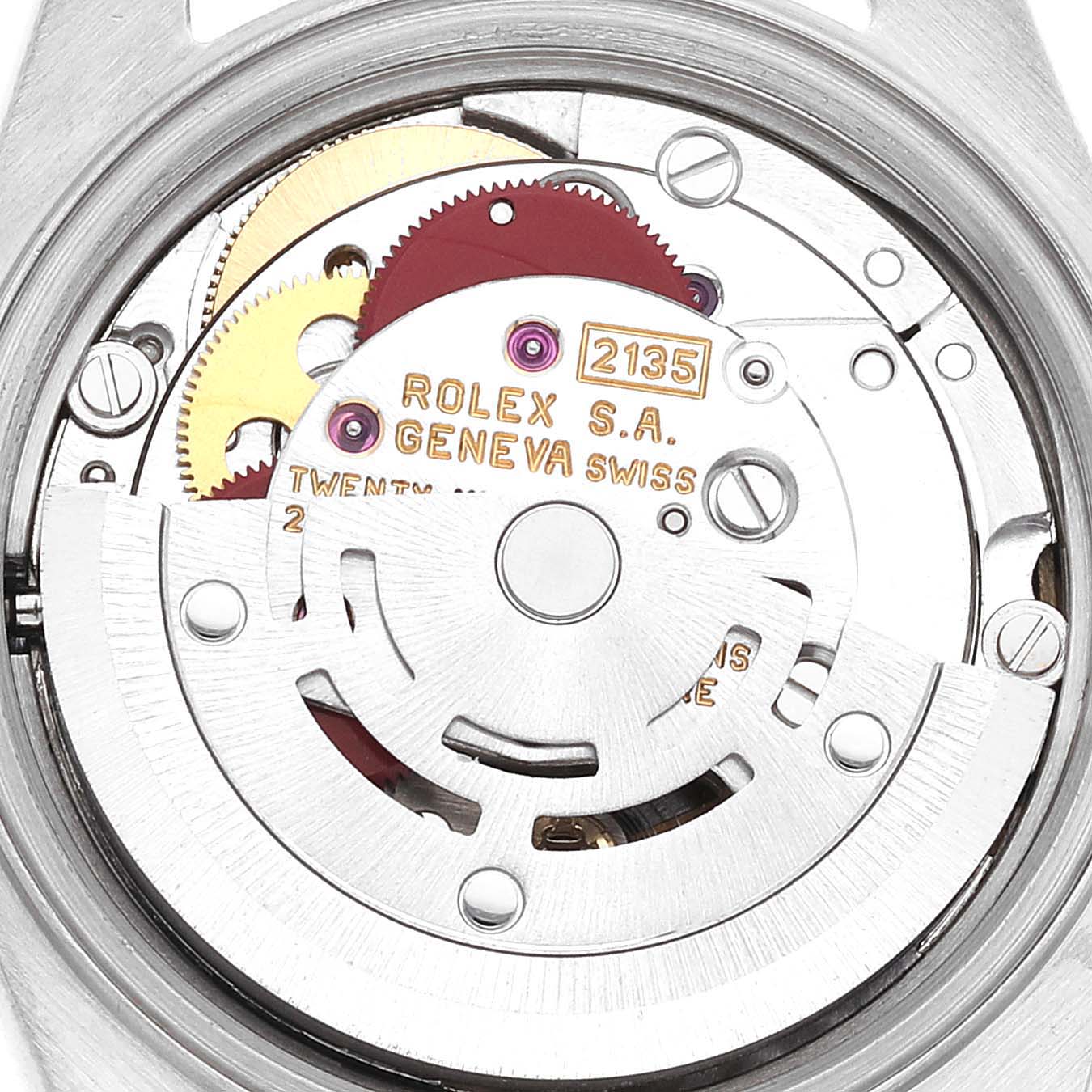 This image shows the inner mechanical movement of a Rolex Datejust 69174 Women's Stainless Steel Blue Dial 69174 Women's Stainless Steel Blue Dial watch, featuring gears and components.