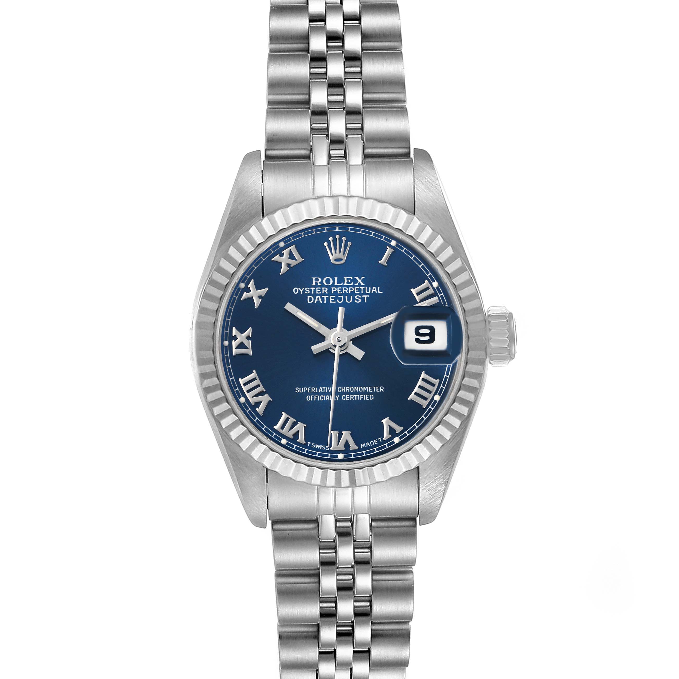 This image shows a front view of a Rolex Datejust 69174 Women's Stainless Steel Blue Dial 69174 Women's Stainless Steel Blue Dial watch with a blue dial and a stainless steel Jubilee bracelet.