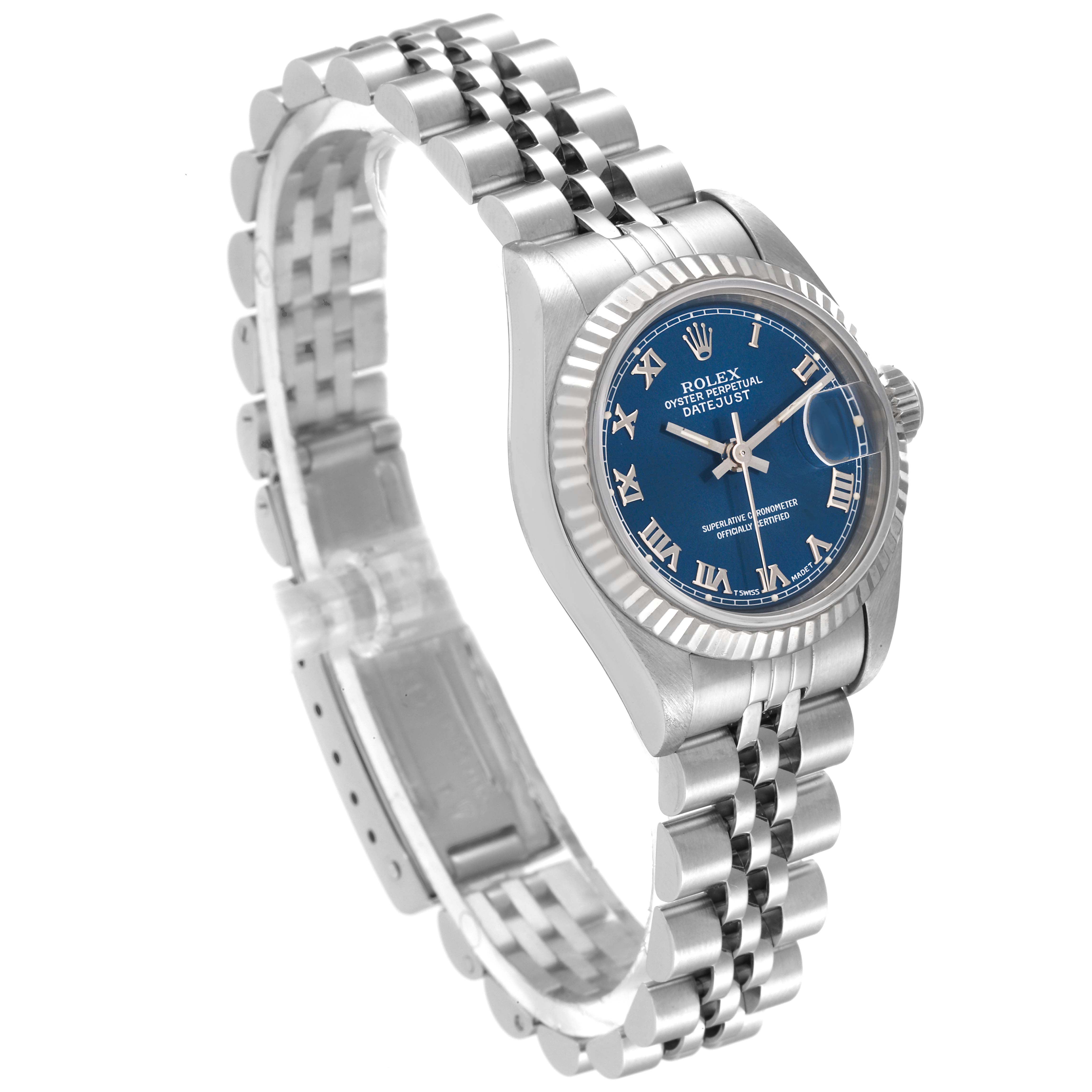 The Rolex Datejust 69174 Women's Stainless Steel Blue Dial 69174 Women's Stainless Steel Blue Dial watch is shown at a slight angle, displaying its blue dial, fluted bezel, and Jubilee bracelet.