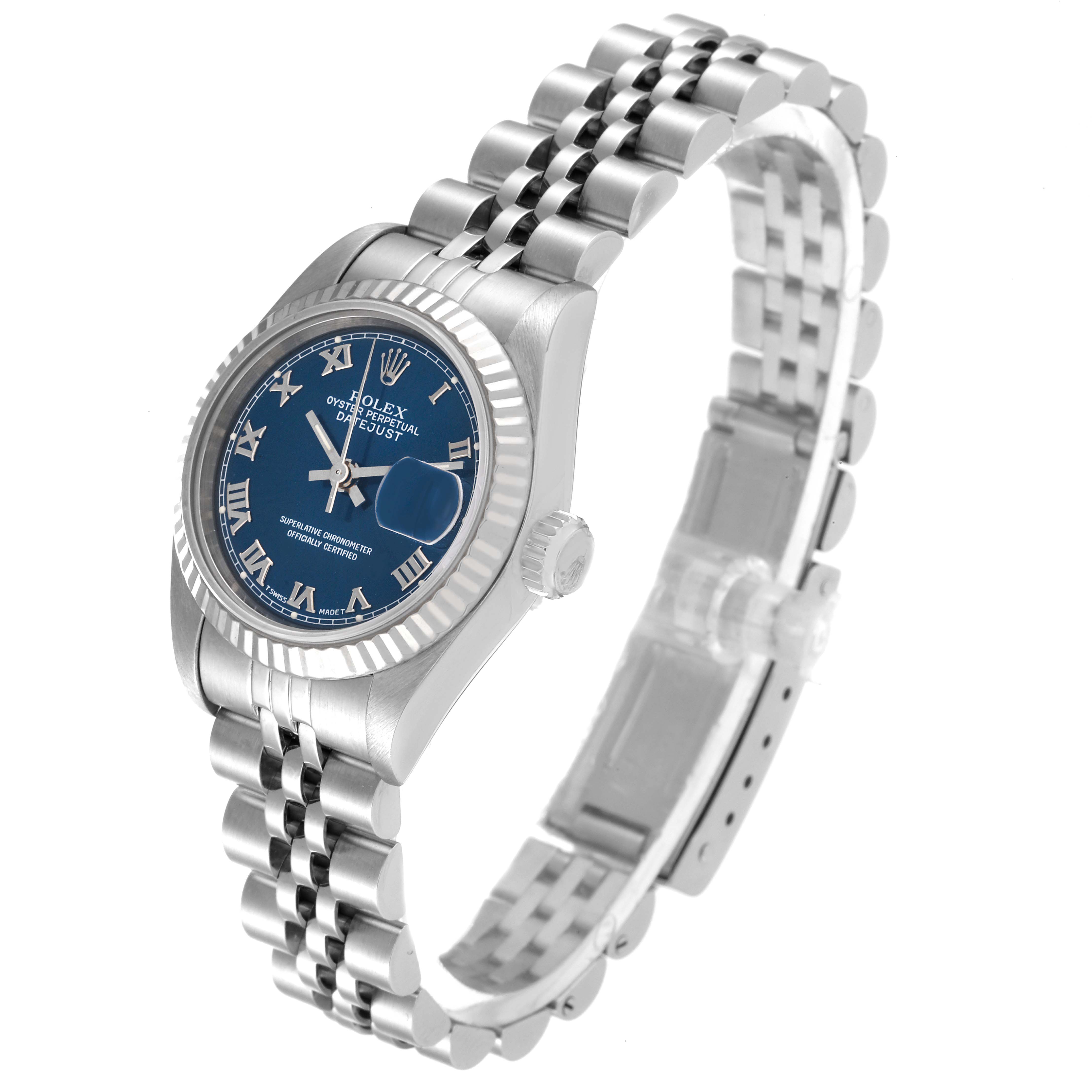 This image shows a side angle of a Rolex Datejust 69174 Women's Stainless Steel Blue Dial 69174 Women's Stainless Steel Blue Dial watch, highlighting its blue dial, bezel, crown, and Jubilee bracelet.