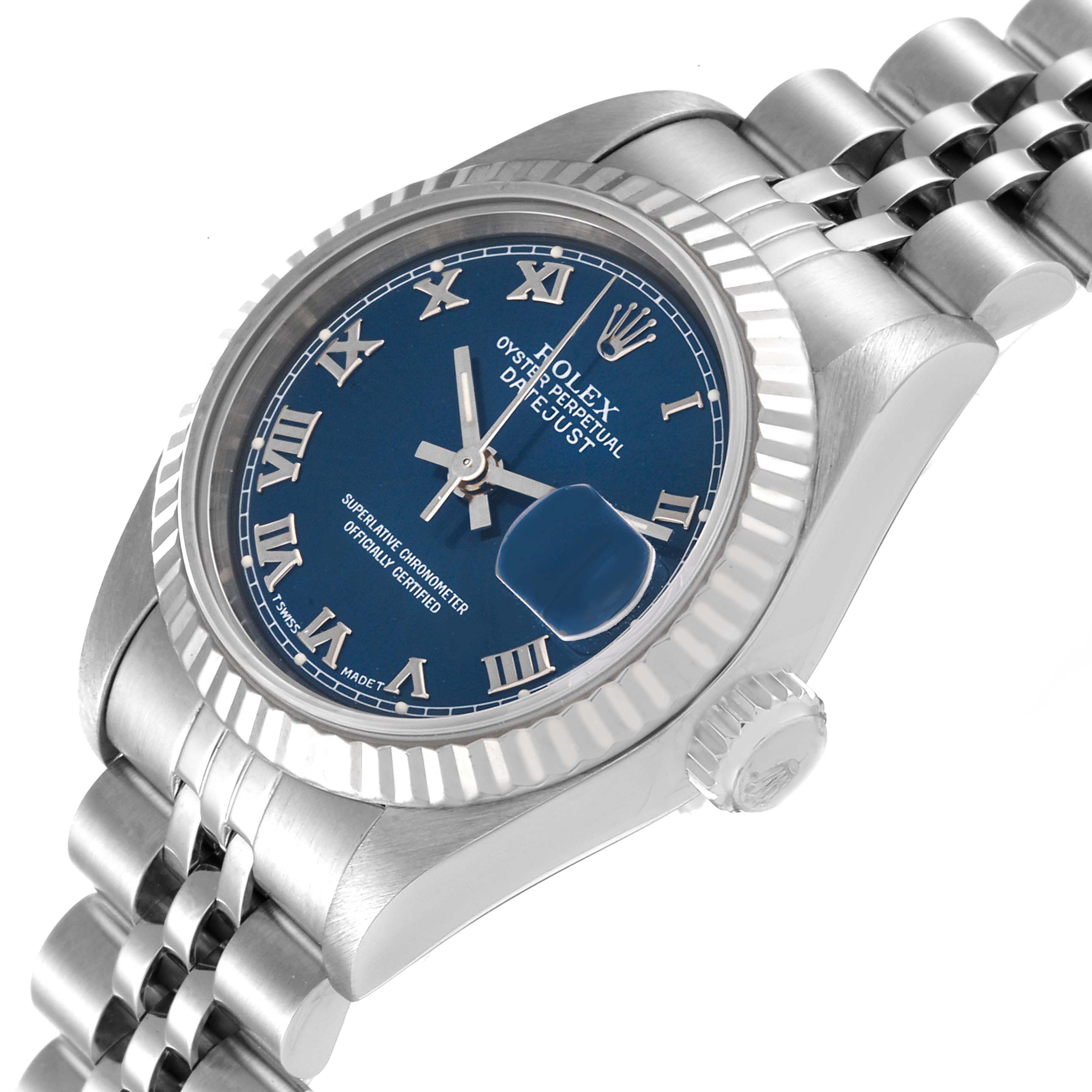 The image shows a tilted view of a Rolex Datejust 69174 Women's Stainless Steel Blue Dial 69174 Women's Stainless Steel Blue Dial watch, highlighting the blue dial, bezel, crown, and part of the bracelet.