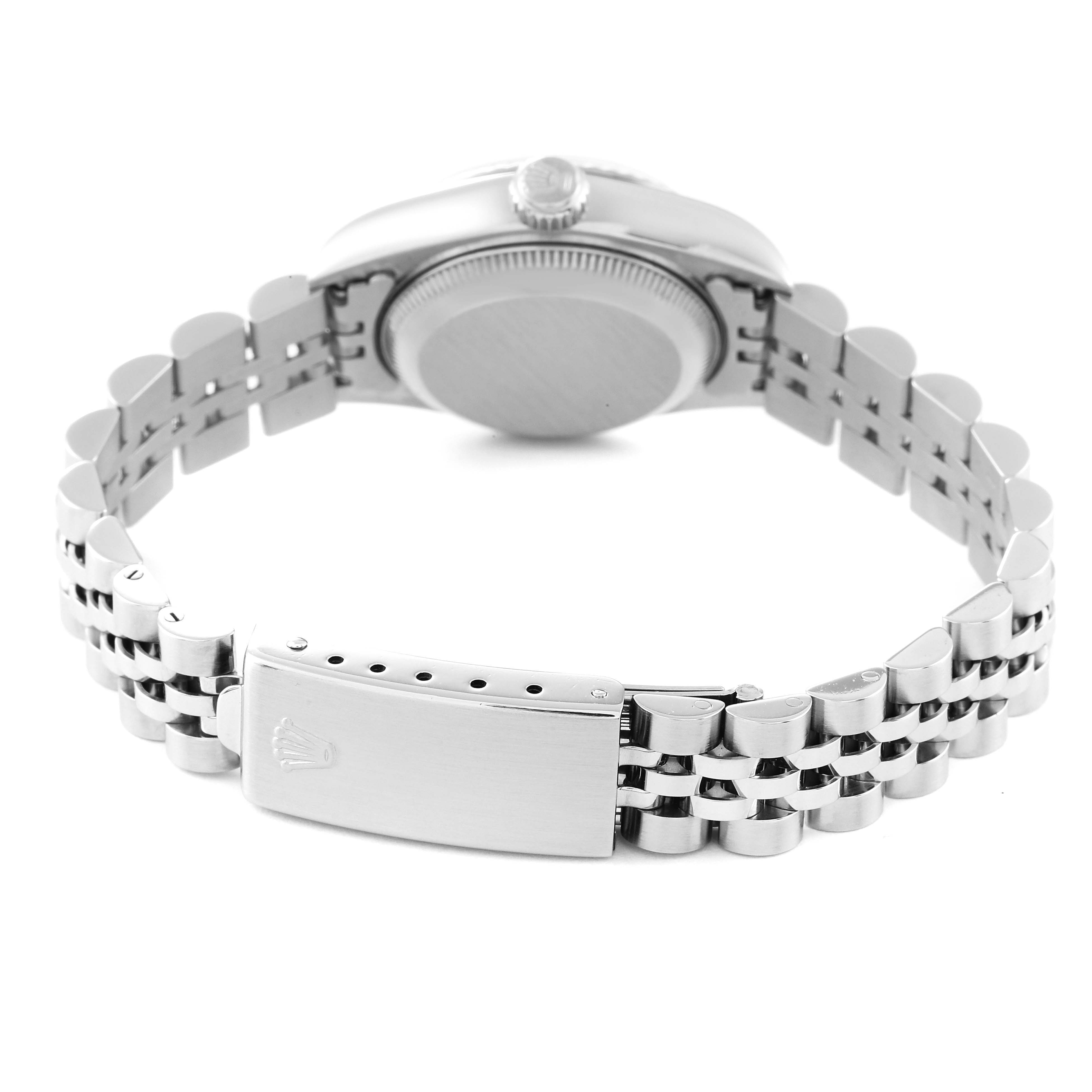 This image shows the Rolex Datejust 69174 Women's Stainless Steel Blue Dial 69174 Women's Stainless Steel Blue Dial watch from the back, focusing on the case back and bracelet with clasp.