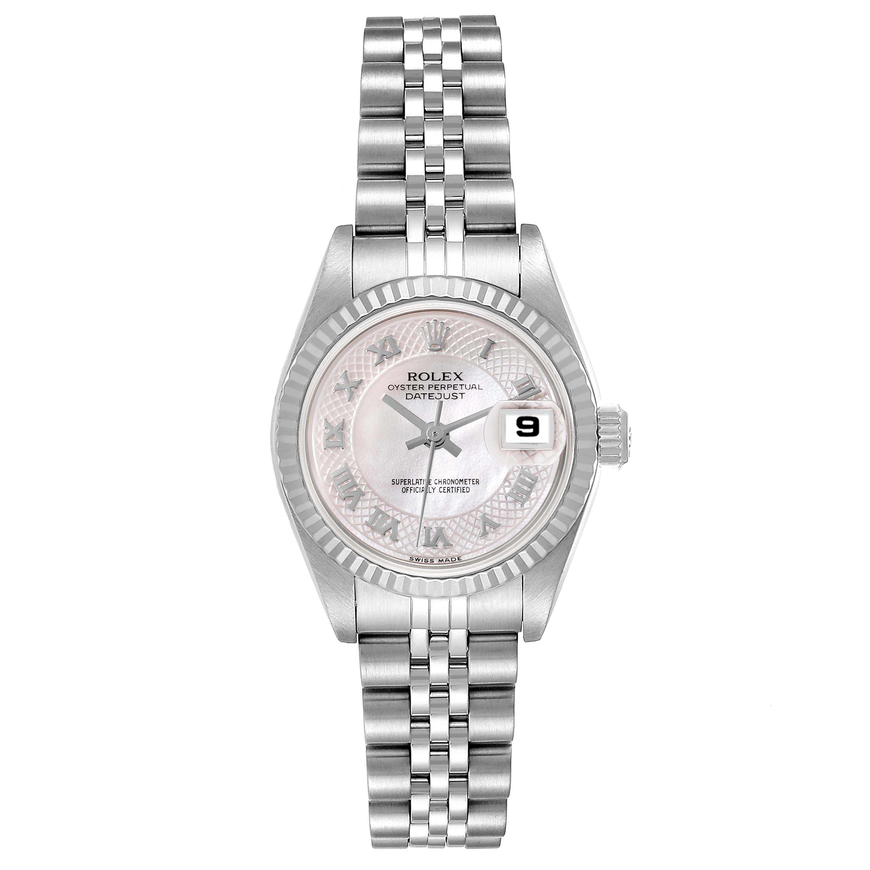 The Rolex Datejust 79174 Women's Stainless Steel Mother of Pearl Dial 79174 Women's Stainless Steel Mother of Pearl Dial watch is shown from a top-down angle, displaying its dial, bezel, and Jubilee bracelet.