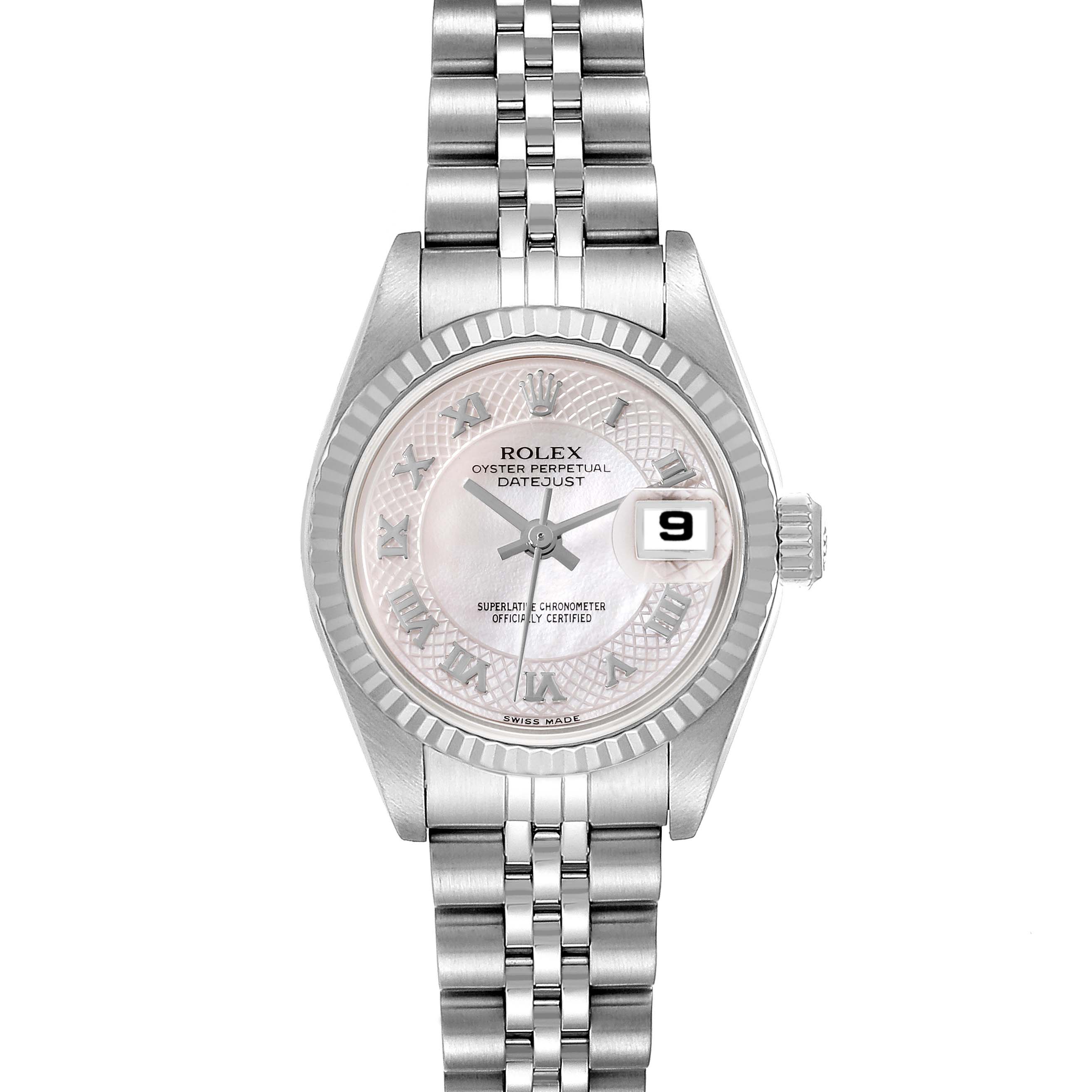 The image shows a front view of a Rolex Datejust 79174 Women's Stainless Steel Mother of Pearl Dial 79174 Women's Stainless Steel Mother of Pearl Dial watch, displaying its face, bezel, and part of the bracelet.