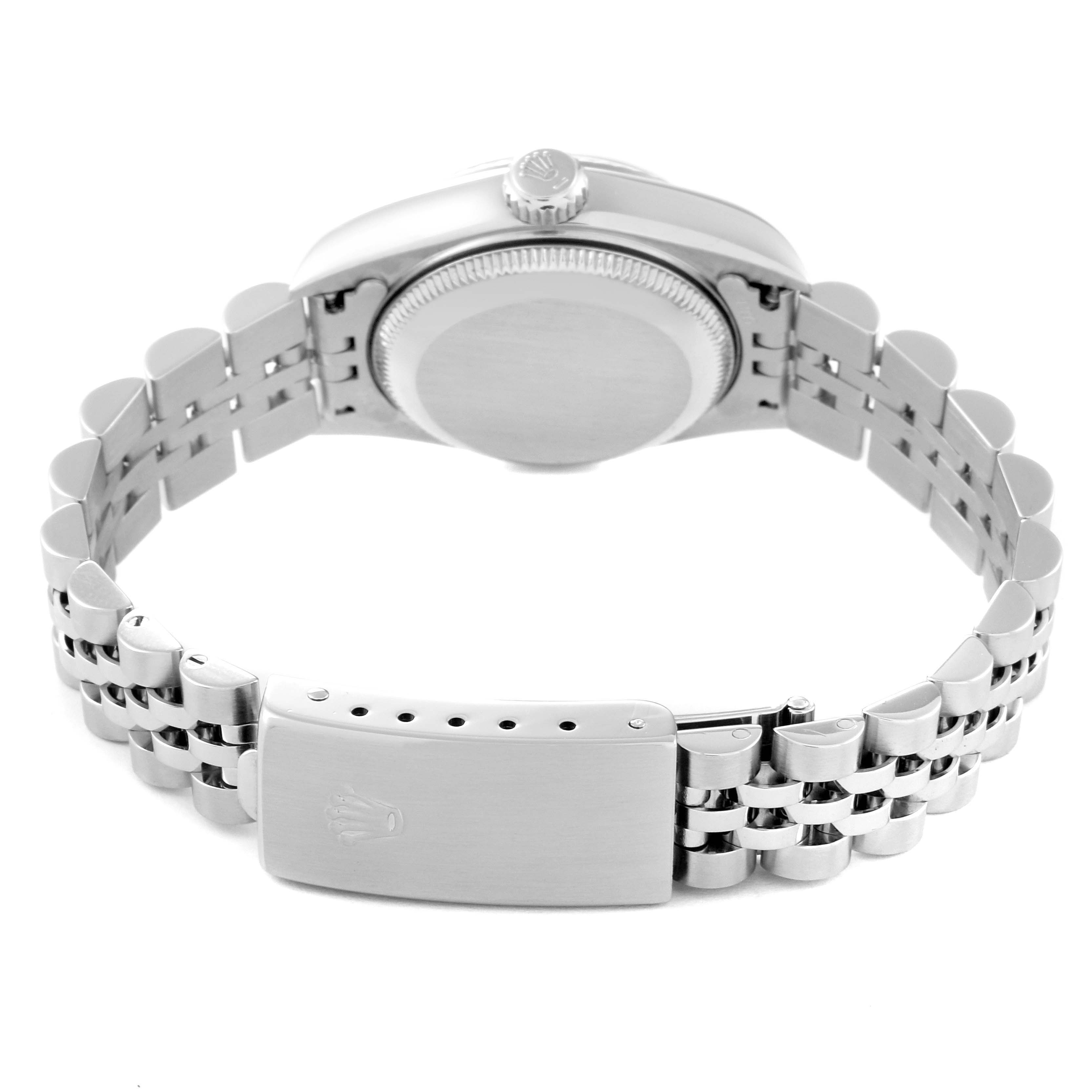 This image shows the back view of a Rolex Datejust 79174 Women's Stainless Steel Mother of Pearl Dial 79174 Women's Stainless Steel Mother of Pearl Dial watch, highlighting its clasp, bracelet, and caseback.