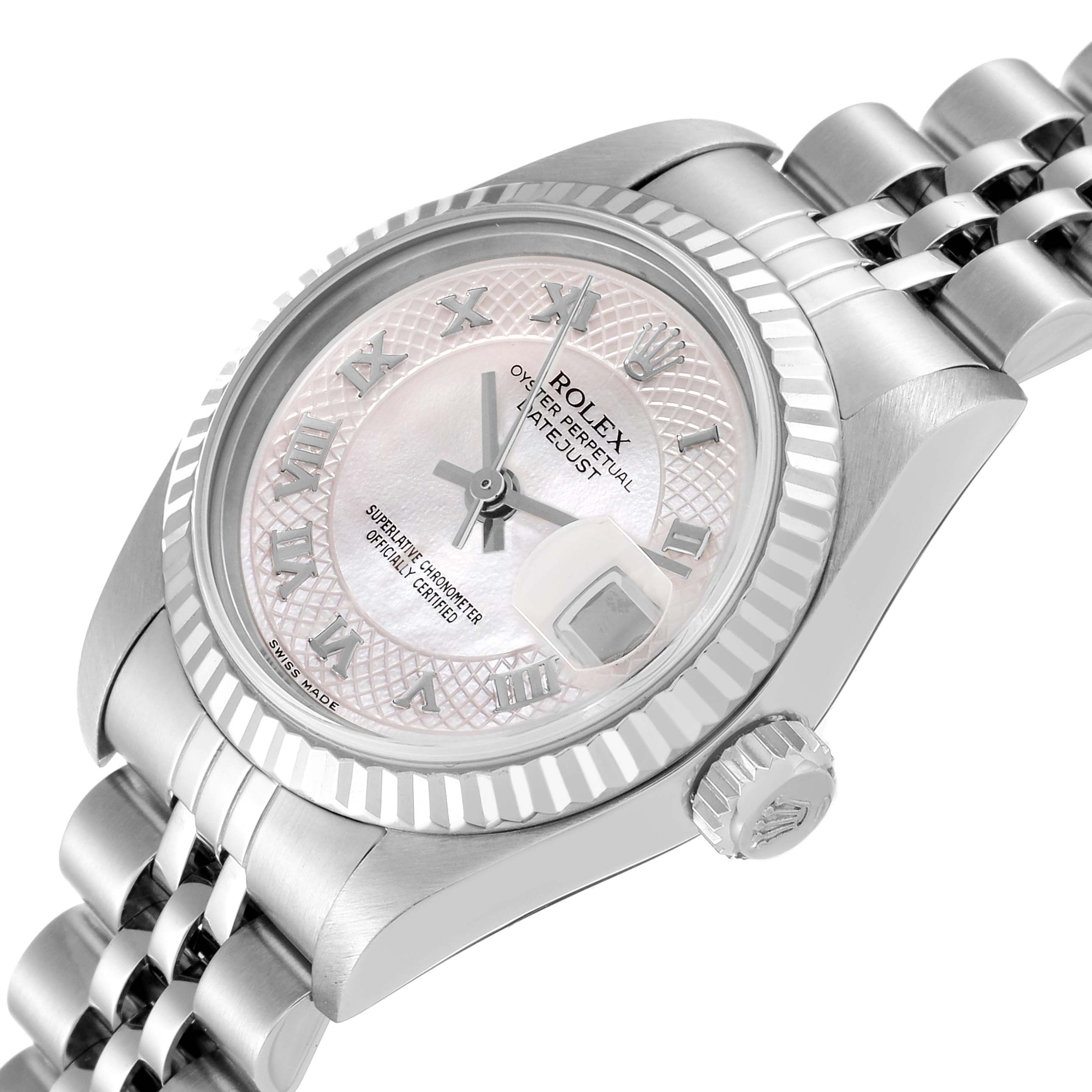 This image shows a close-up, angled view of a Rolex Datejust 79174 Women's Stainless Steel Mother of Pearl Dial 79174 Women's Stainless Steel Mother of Pearl Dial watch, highlighting the dial, bezel, crown, and part of the bracelet.