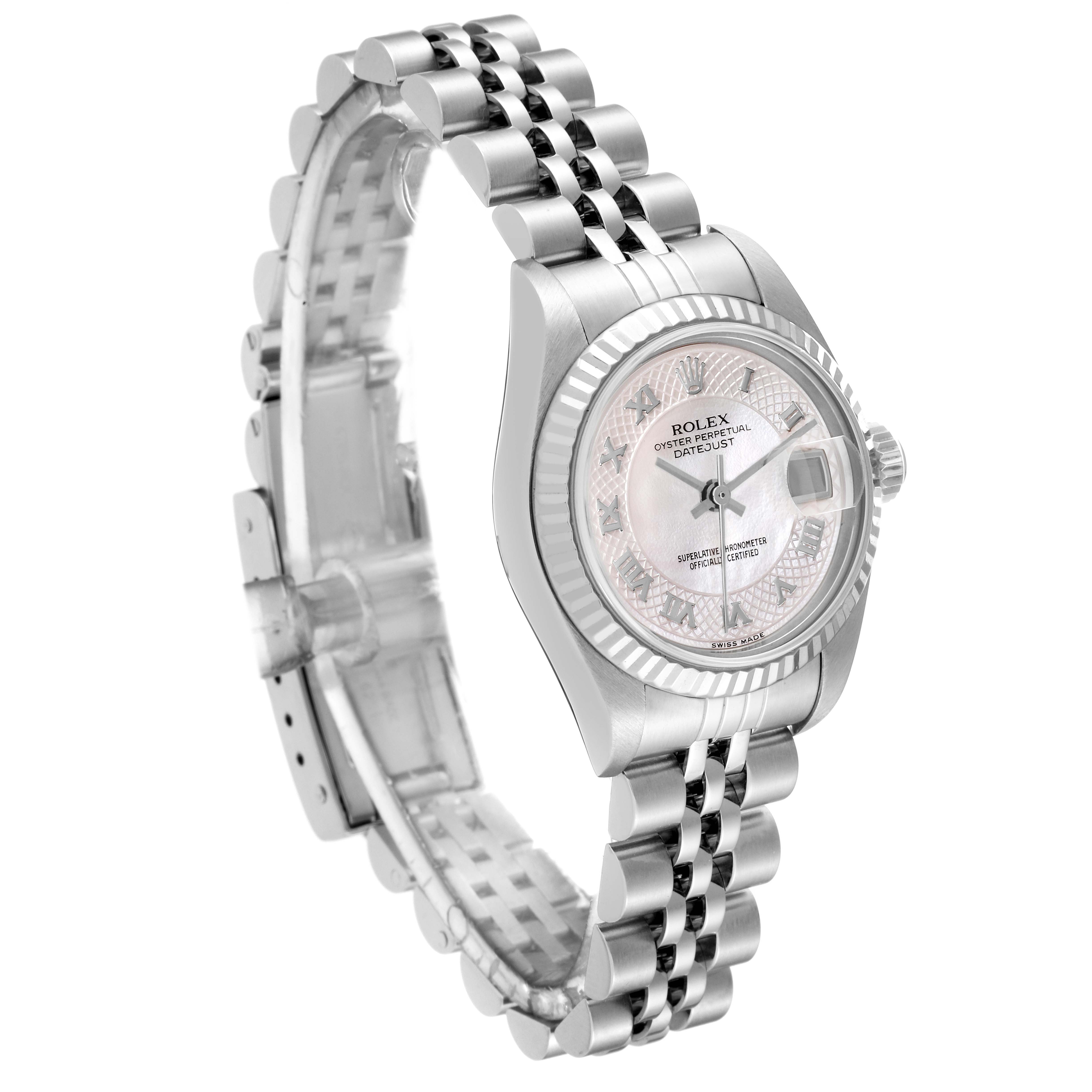 This image shows a Rolex Datejust 79174 Women's Stainless Steel Mother of Pearl Dial 79174 Women's Stainless Steel Mother of Pearl Dial watch at a three-quarter angle, highlighting its face, bezel, and bracelet.