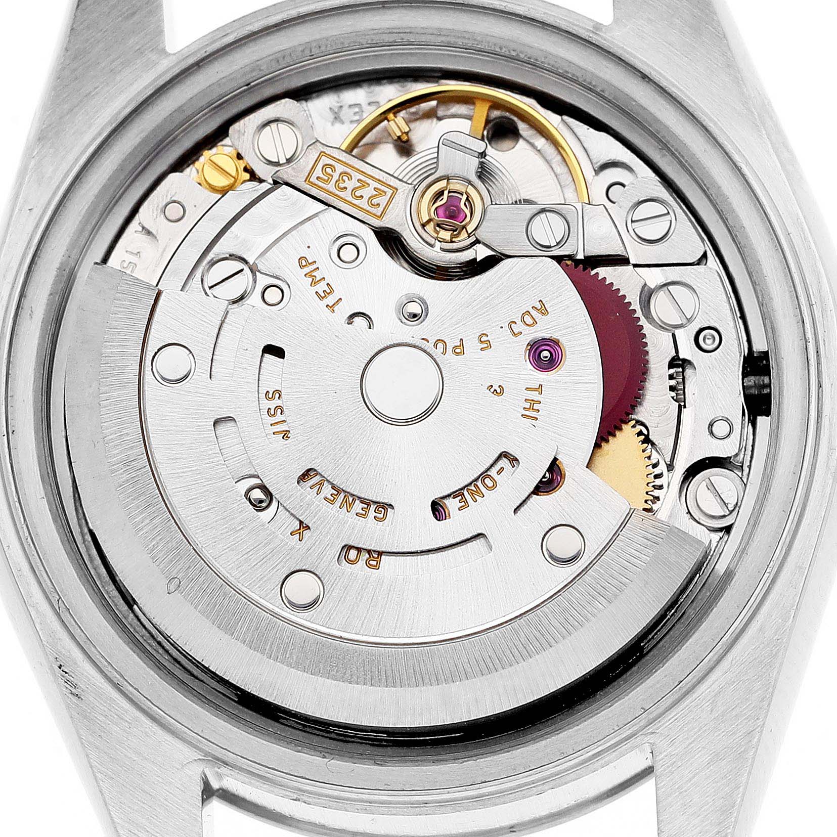 This image shows the inner mechanical components of a Rolex Datejust 79174 Women's Stainless Steel Mother of Pearl Dial 79174 Women's Stainless Steel Mother of Pearl Dial watch from a rear angle, highlighting its intricate movement.