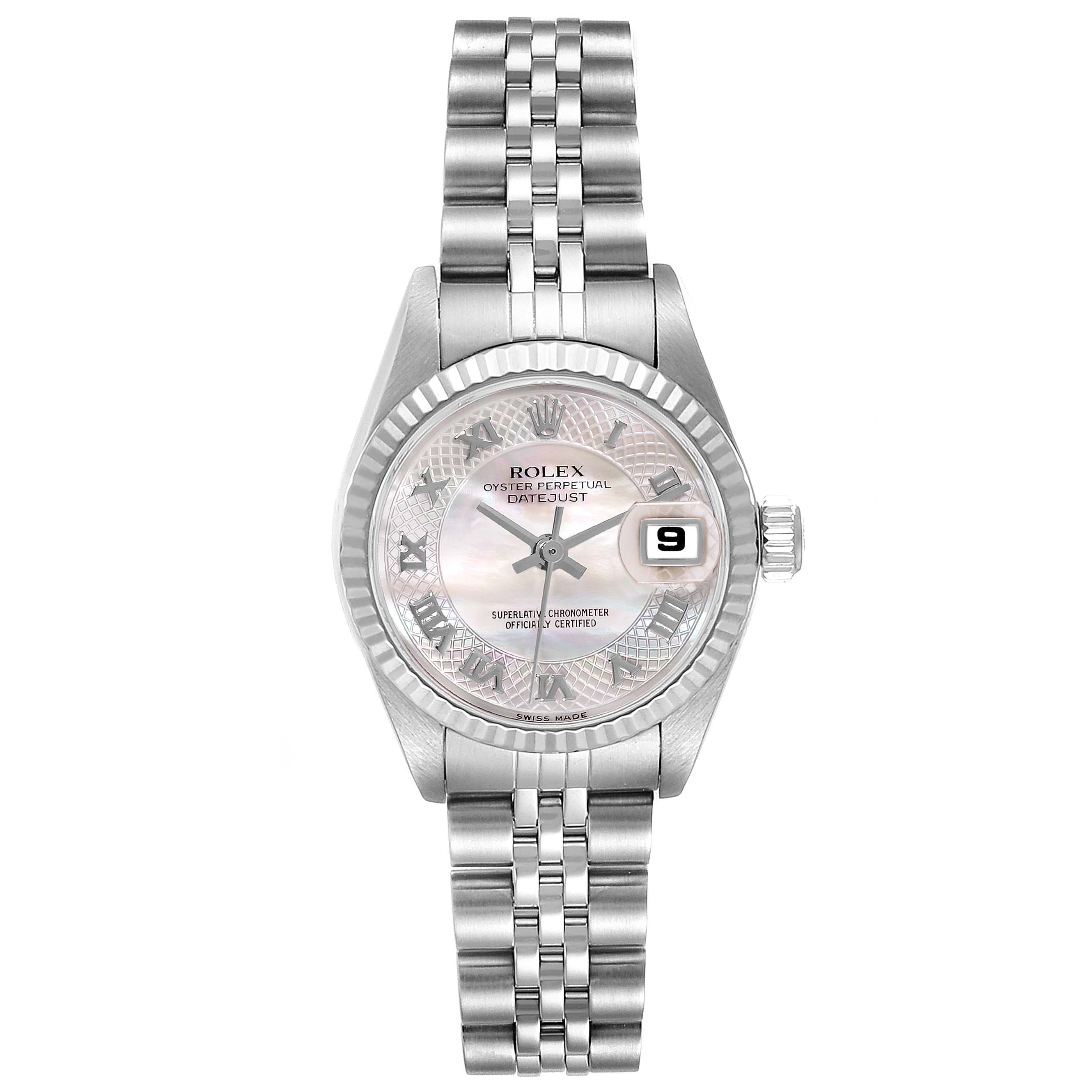 The image shows a front view of a Rolex Datejust 79174 Women's Stainless Steel Mother of Pearl Dial 79174 Women's Stainless Steel Mother of Pearl Dial watch, highlighting the dial, bezel, and bracelet.