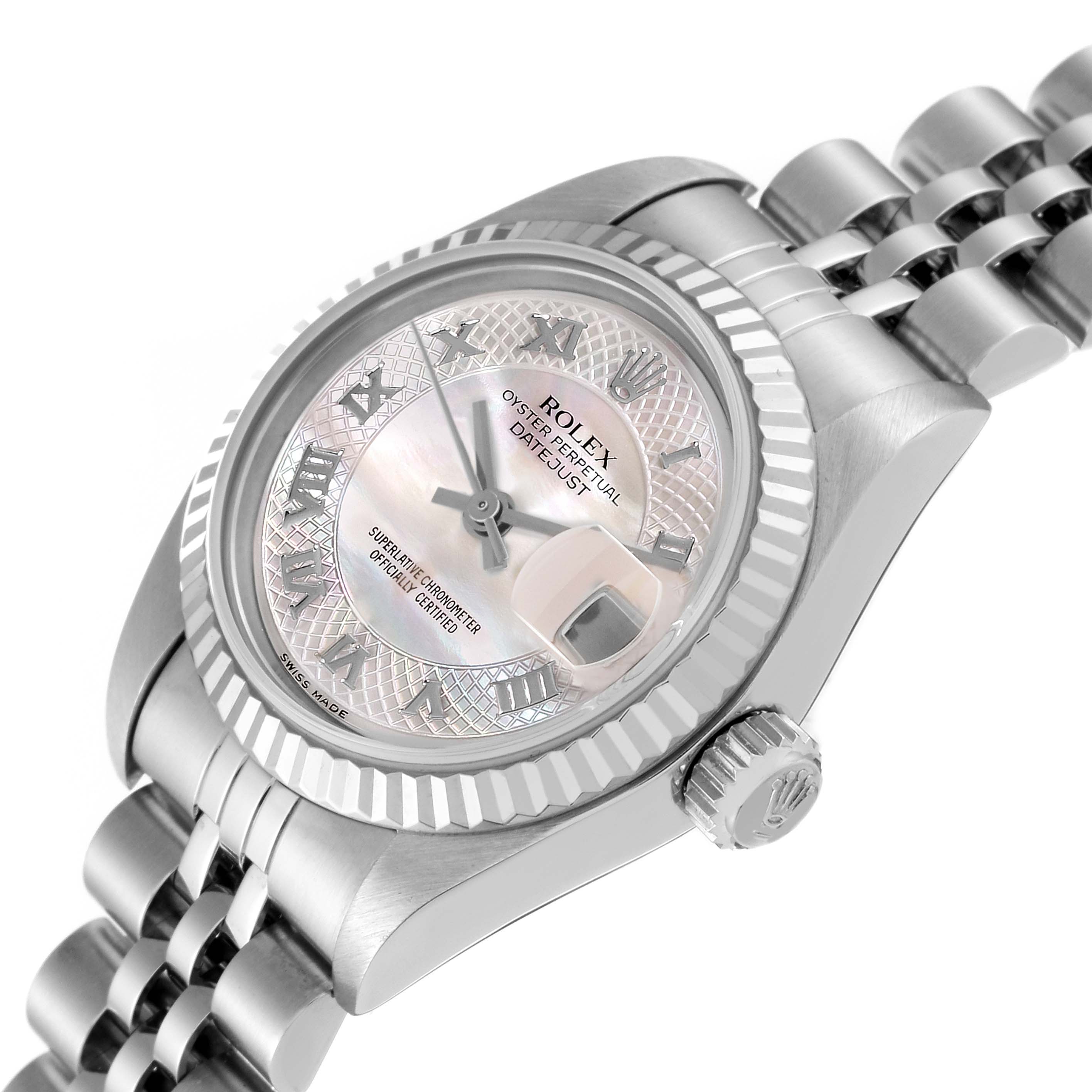 The image shows a Rolex Datejust 79174 Women's Stainless Steel Mother of Pearl Dial 79174 Women's Stainless Steel Mother of Pearl Dial watch from an oblique angle, highlighting the dial, bezel, crown, and part of the bracelet.