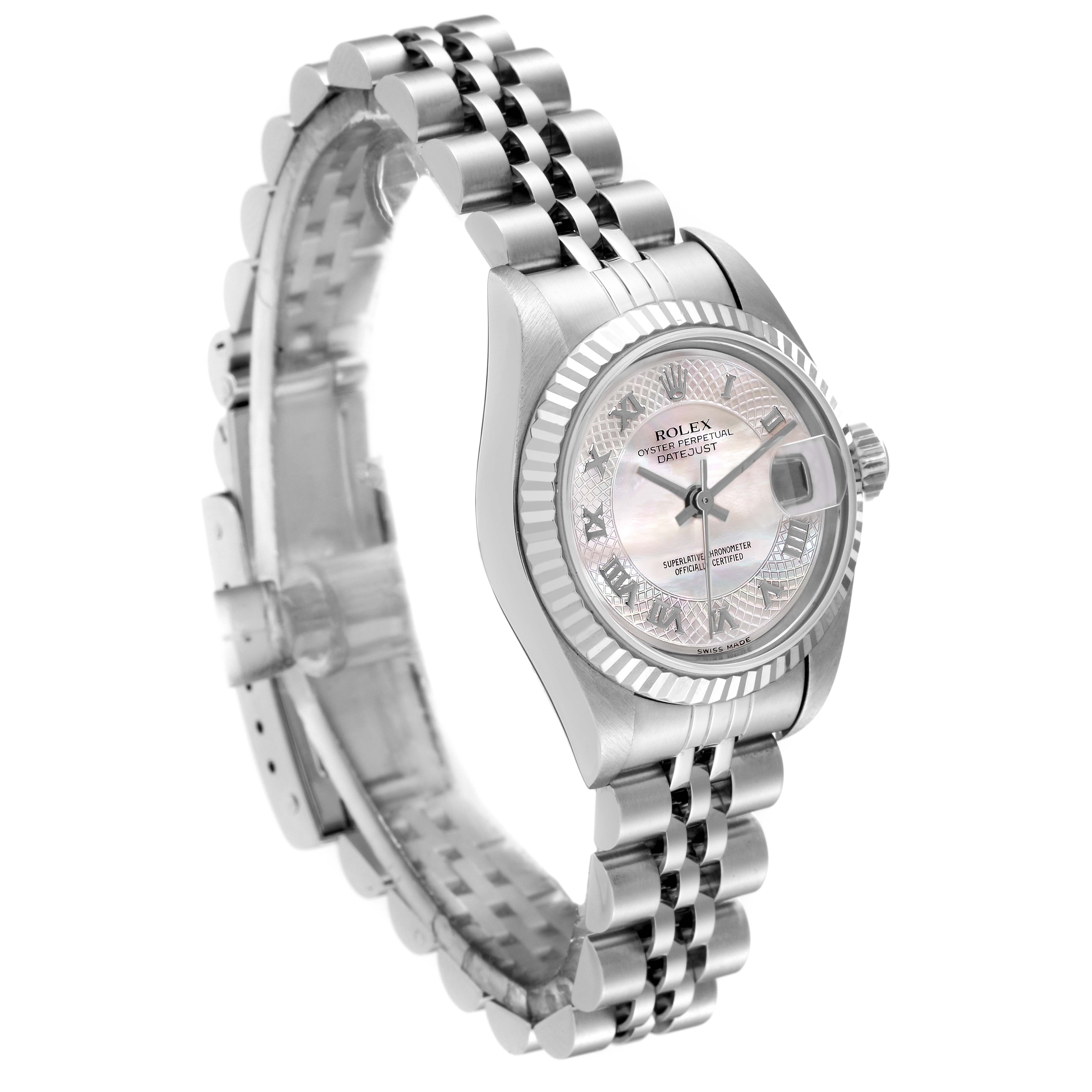 The image shows a Rolex Datejust 79174 Women's Stainless Steel Mother of Pearl Dial 79174 Women's Stainless Steel Mother of Pearl Dial watch at a slight angle highlighting the face, bezel, crown, bracelet, and clasp.