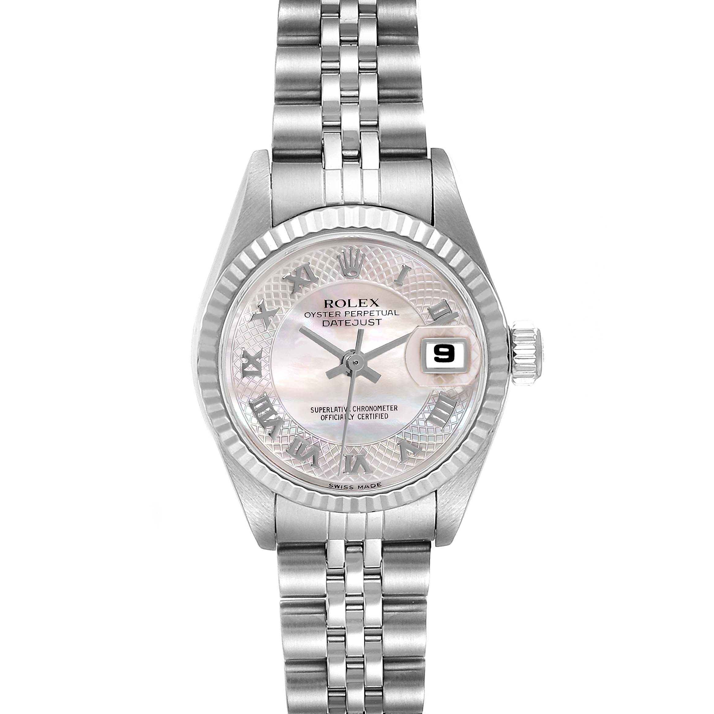 The image shows a front view of a Rolex Datejust 79174 Women's Stainless Steel Mother of Pearl Dial 79174 Women's Stainless Steel Mother of Pearl Dial watch, highlighting its dial, bezel, crown, and bracelet.