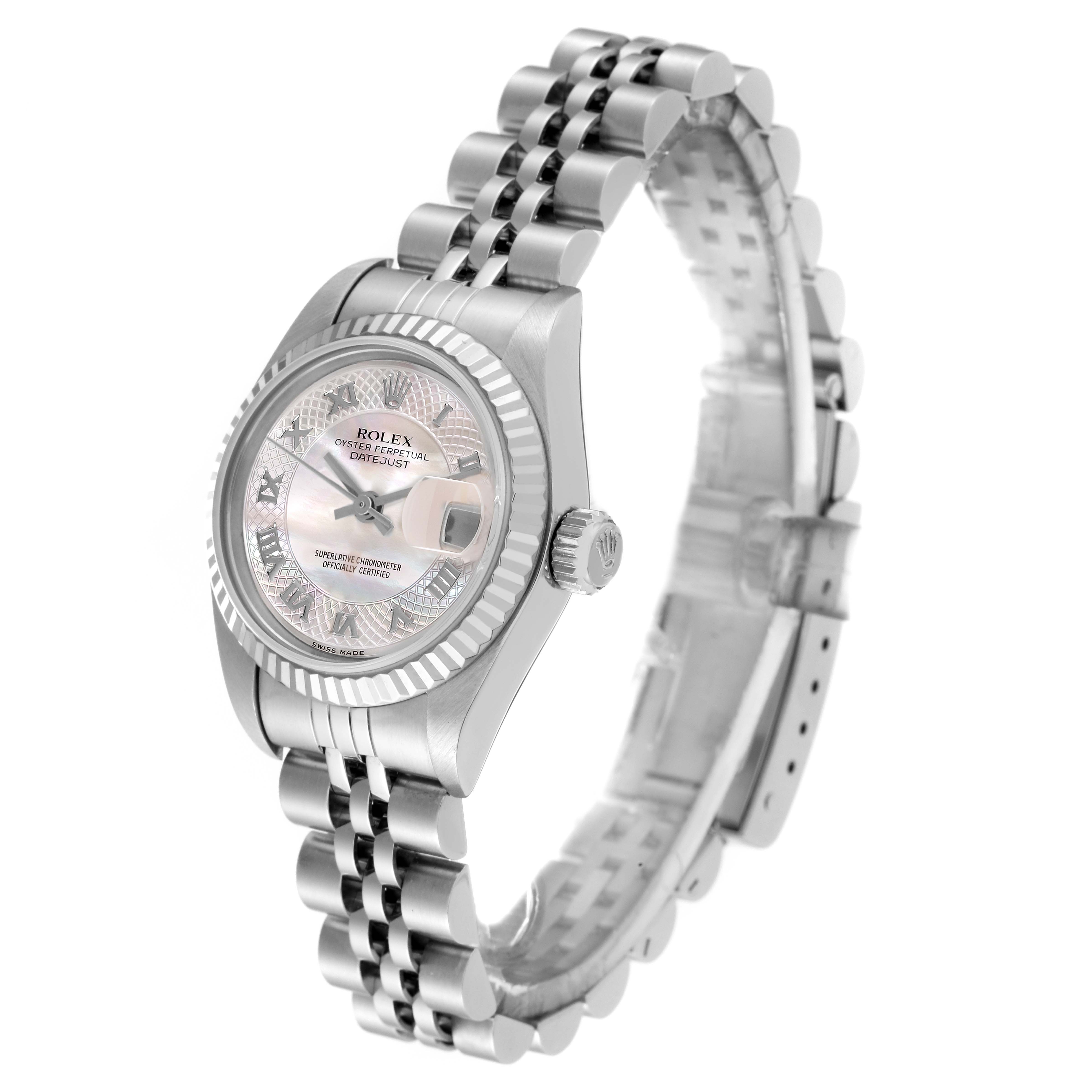 The image shows a Rolex Datejust 79174 Women's Stainless Steel Mother of Pearl Dial 79174 Women's Stainless Steel Mother of Pearl Dial watch from an angled side view, highlighting the dial, bezel, crown, and bracelet.