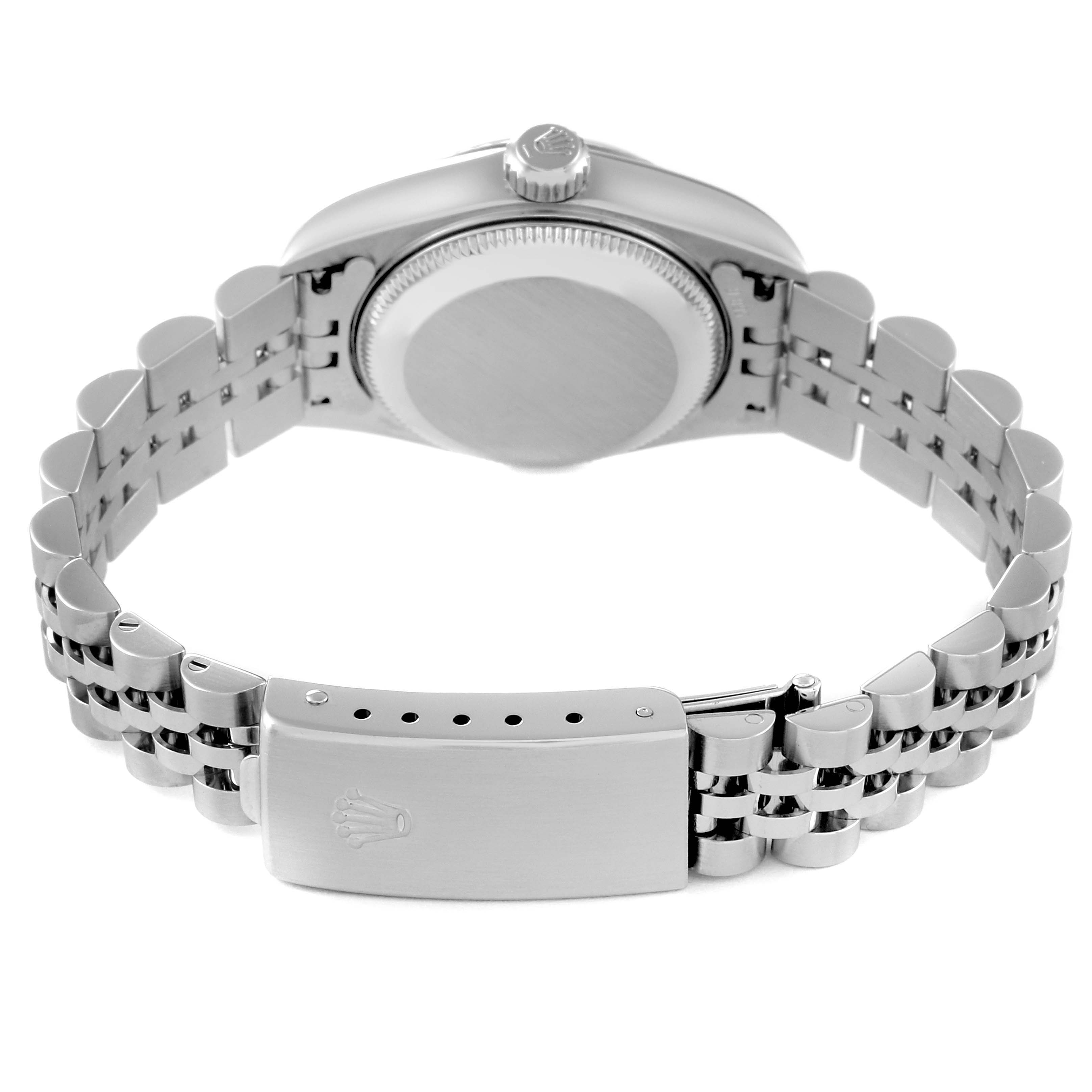 This image shows the back view of a Rolex Datejust 79174 Women's Stainless Steel Mother of Pearl Dial 79174 Women's Stainless Steel Mother of Pearl Dial watch, including its case back, crown, and Jubilee bracelet with the clasp.