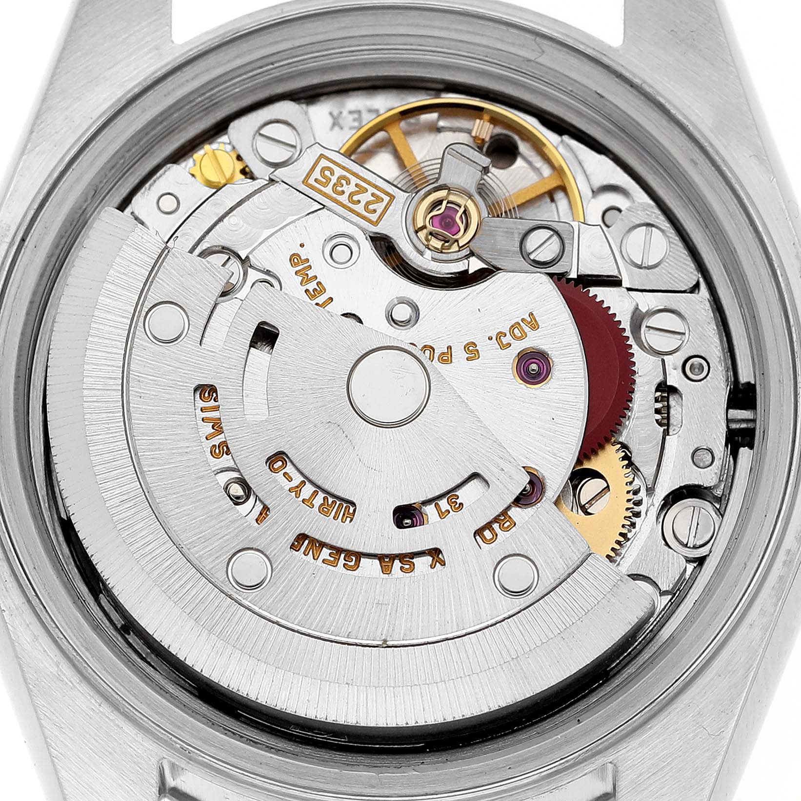 This image shows a close-up view of the internal mechanism of a Rolex Datejust 79174 Women's Stainless Steel Mother of Pearl Dial 79174 Women's Stainless Steel Mother of Pearl Dial watch, focusing on the movement components.