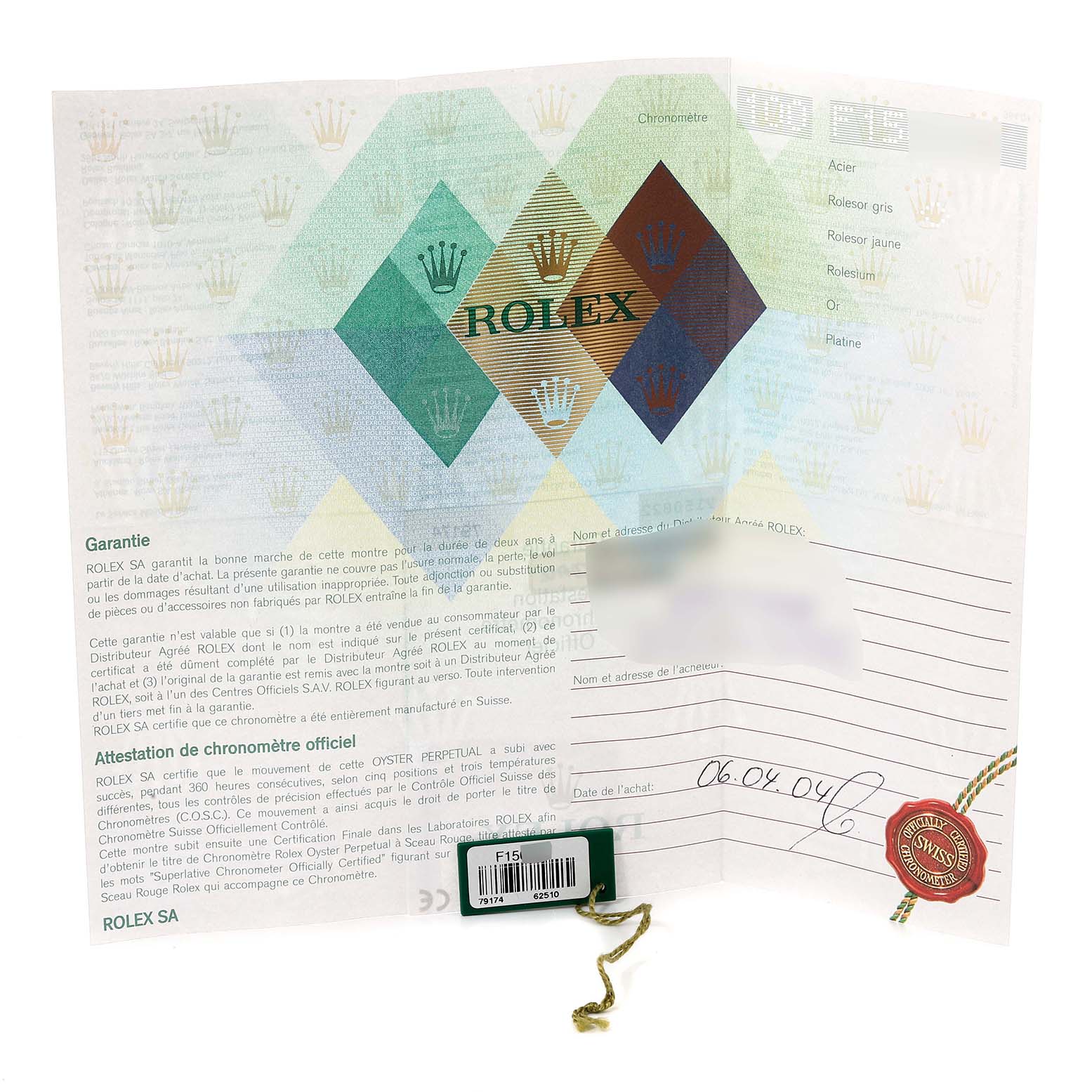 This image shows the warranty certificate and tag for a Rolex Datejust 79174 Women's Stainless Steel Mother of Pearl Dial 79174 Women's Stainless Steel Mother of Pearl Dial watch.