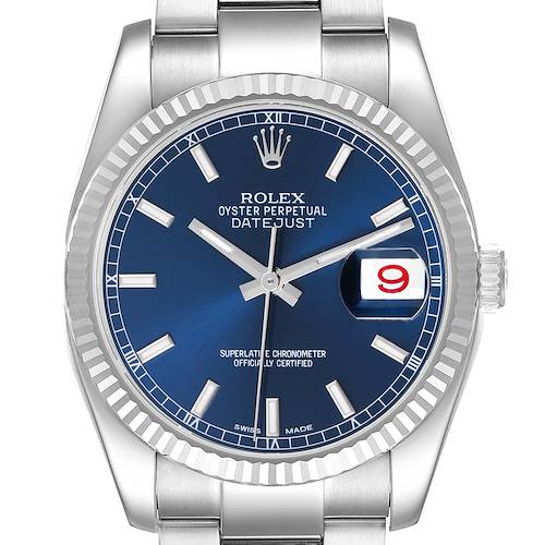 The Rolex Datejust is shown from a front angle, displaying its blue dial, fluted bezel, and Cyclops date window.