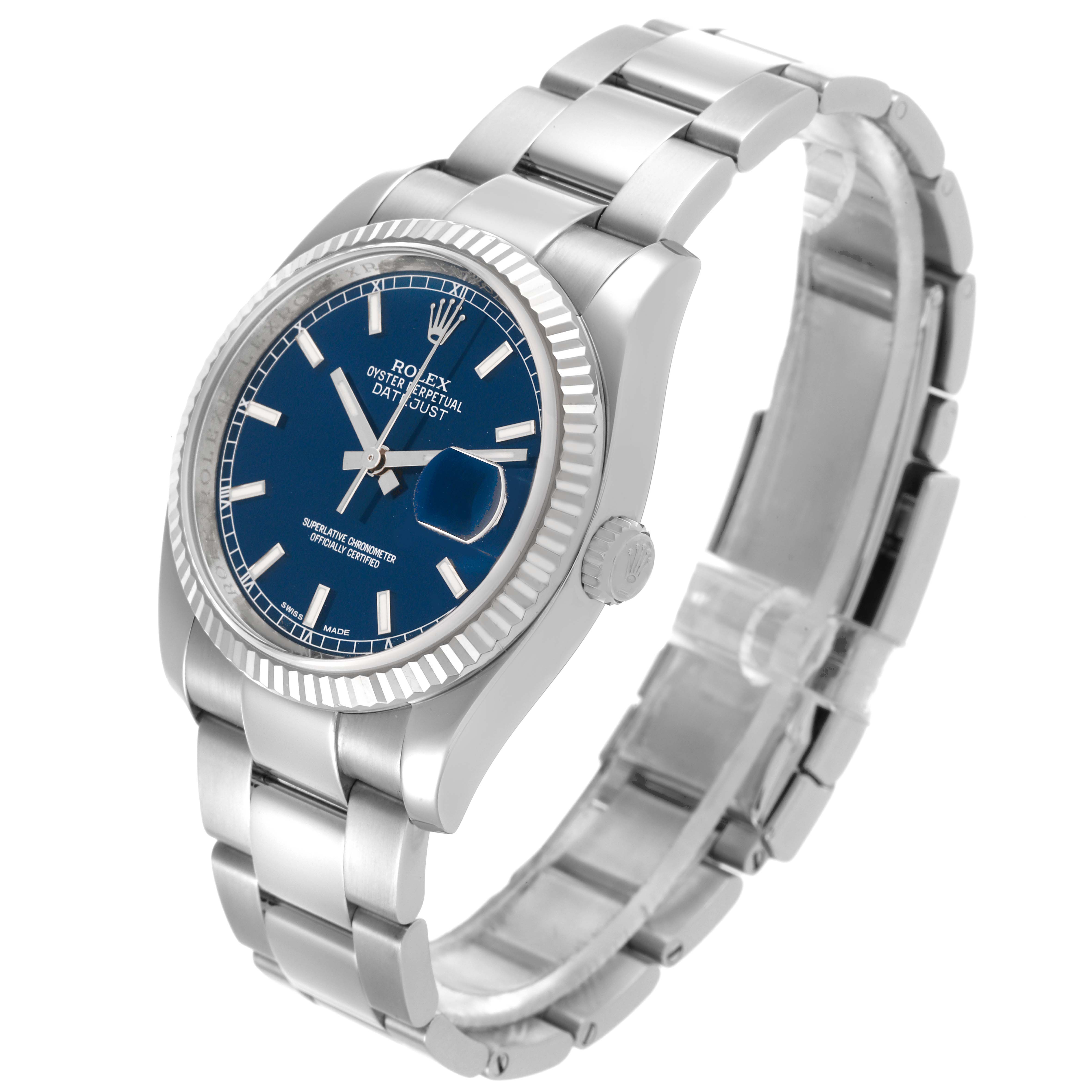 The Rolex Datejust 116234 Men's Stainless Steel Blue Dial 116234 Men's Stainless Steel Blue Dial watch is shown from a front-left angle, highlighting the dial, bezel, crown, and bracelet.