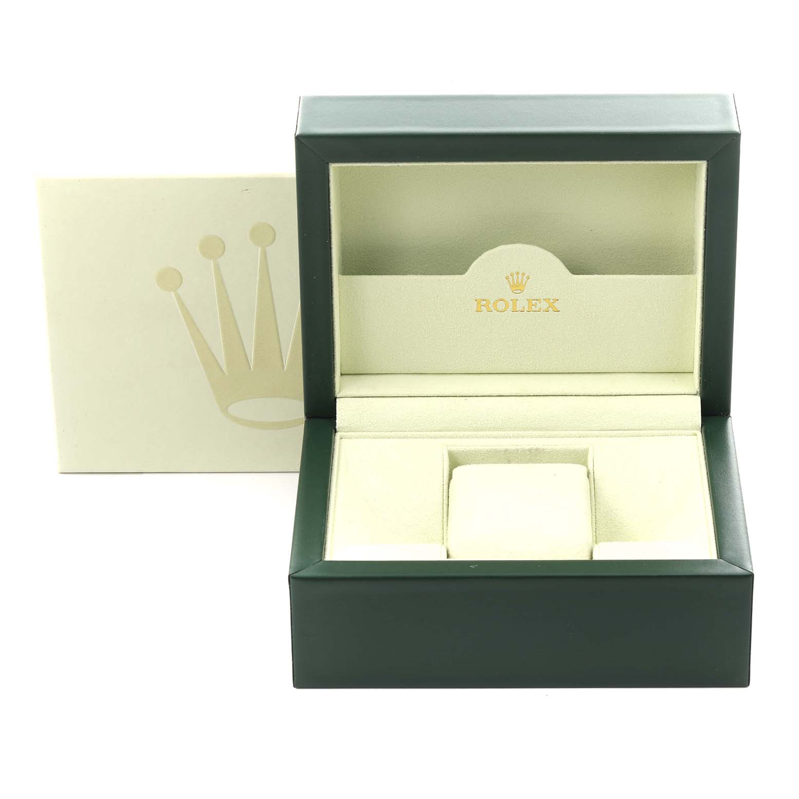 The image shows an empty Rolex Datejust 116234 Men's Stainless Steel Blue Dial 116234 Men's Stainless Steel Blue Dial watch box, with the lid open, displaying the interior and cushion.