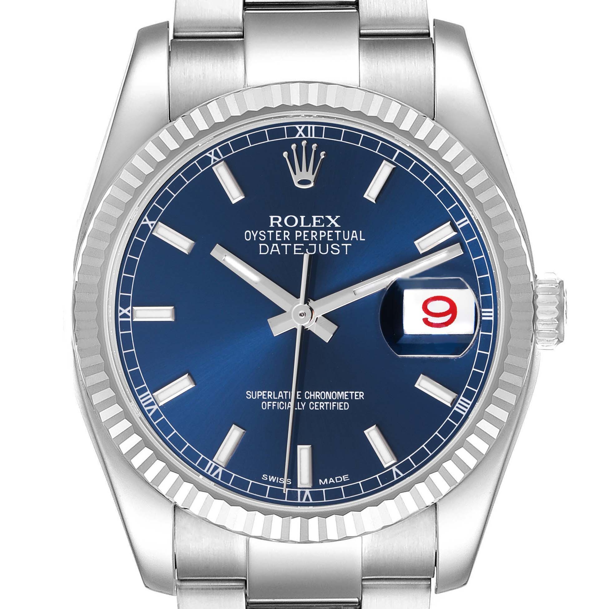 The Rolex Datejust 116234 Men's Stainless Steel Blue Dial 116234 Men's Stainless Steel Blue Dial watch is shown from a frontal angle, displaying the face, bezel, and part of the bracelet.