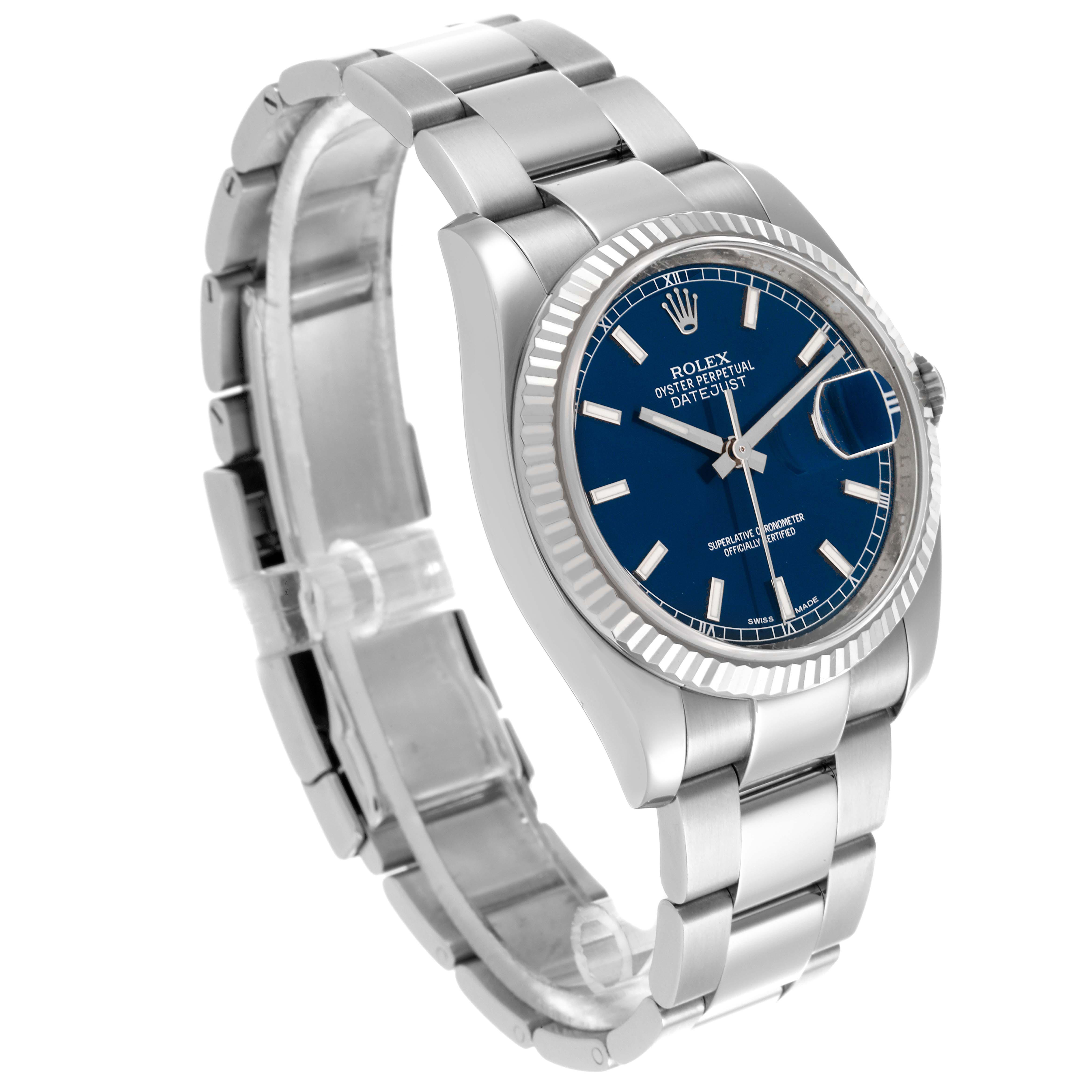 The Rolex Datejust 116234 Men's Stainless Steel Blue Dial 116234 Men's Stainless Steel Blue Dial watch is shown at an angled side view, highlighting its blue dial, bracelet, and fluted bezel.