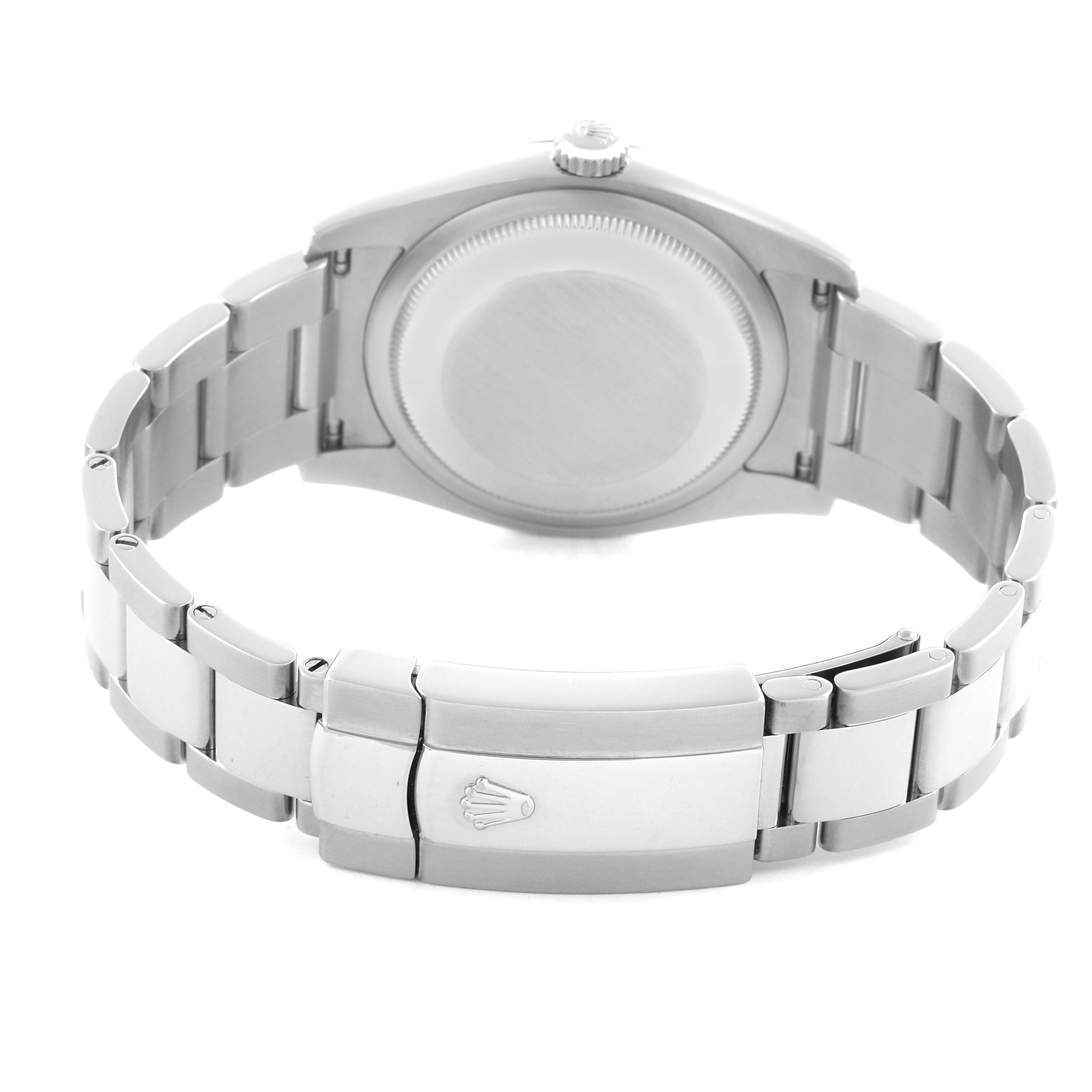 The image shows the back and clasp of a Rolex Datejust 116234 Men's Stainless Steel Blue Dial 116234 Men's Stainless Steel Blue Dial, highlighting the stainless steel bracelet.