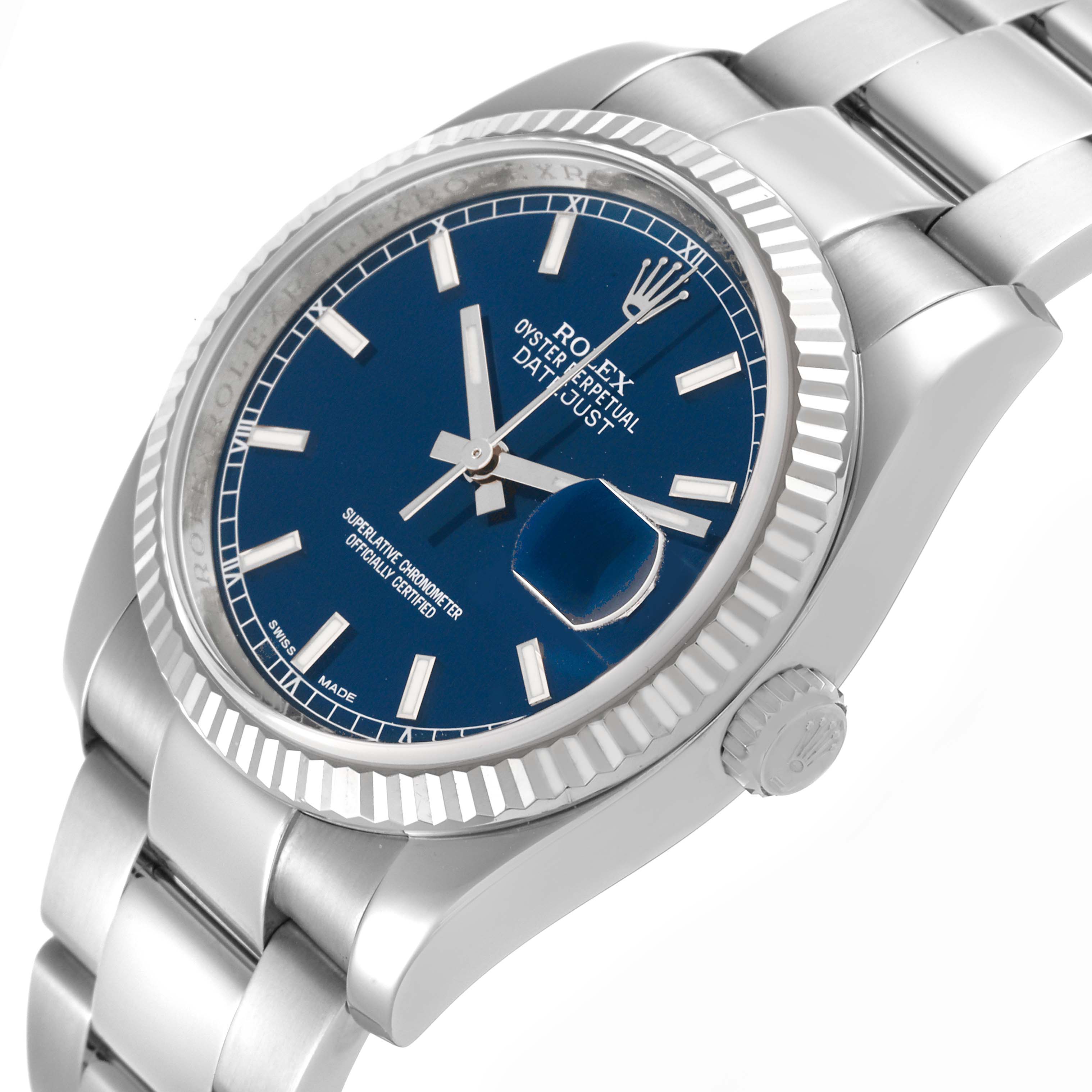 The Rolex Datejust 116234 Men's Stainless Steel Blue Dial 116234 Men's Stainless Steel Blue Dial watch is shown at a slight angle, highlighting the face, fluted bezel, bracelet, and crown.