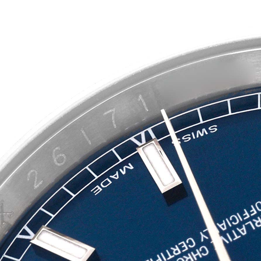 The image shows a close-up of the bezel, dial, and indices of a Rolex Datejust 116234 Men's Stainless Steel Blue Dial 116234 Men's Stainless Steel Blue Dial watch at an angle.