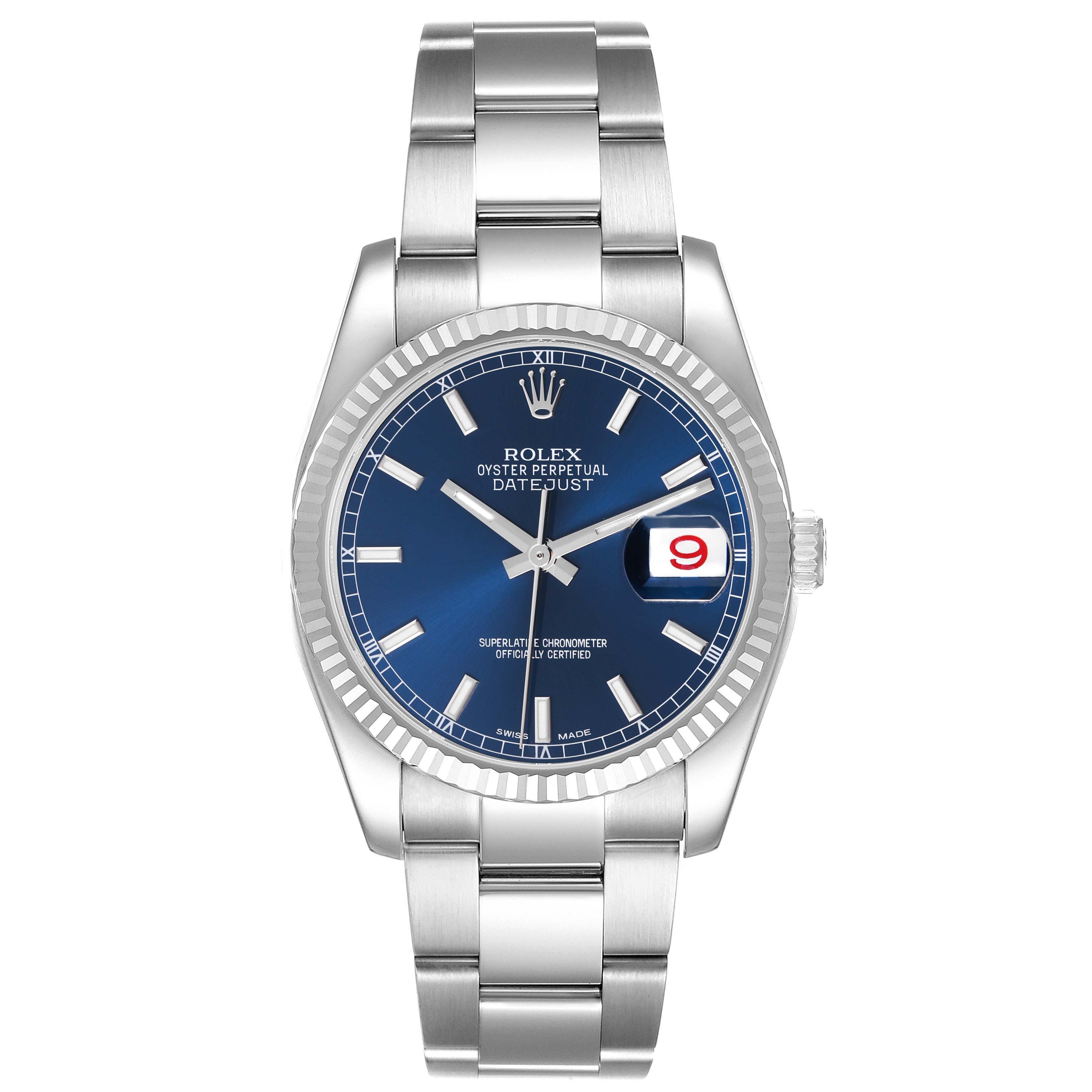 The Rolex Datejust 116234 Men's Stainless Steel Blue Dial 116234 Men's Stainless Steel Blue Dial watch is shown from the front, displaying the face, bezel, case, and bracelet.