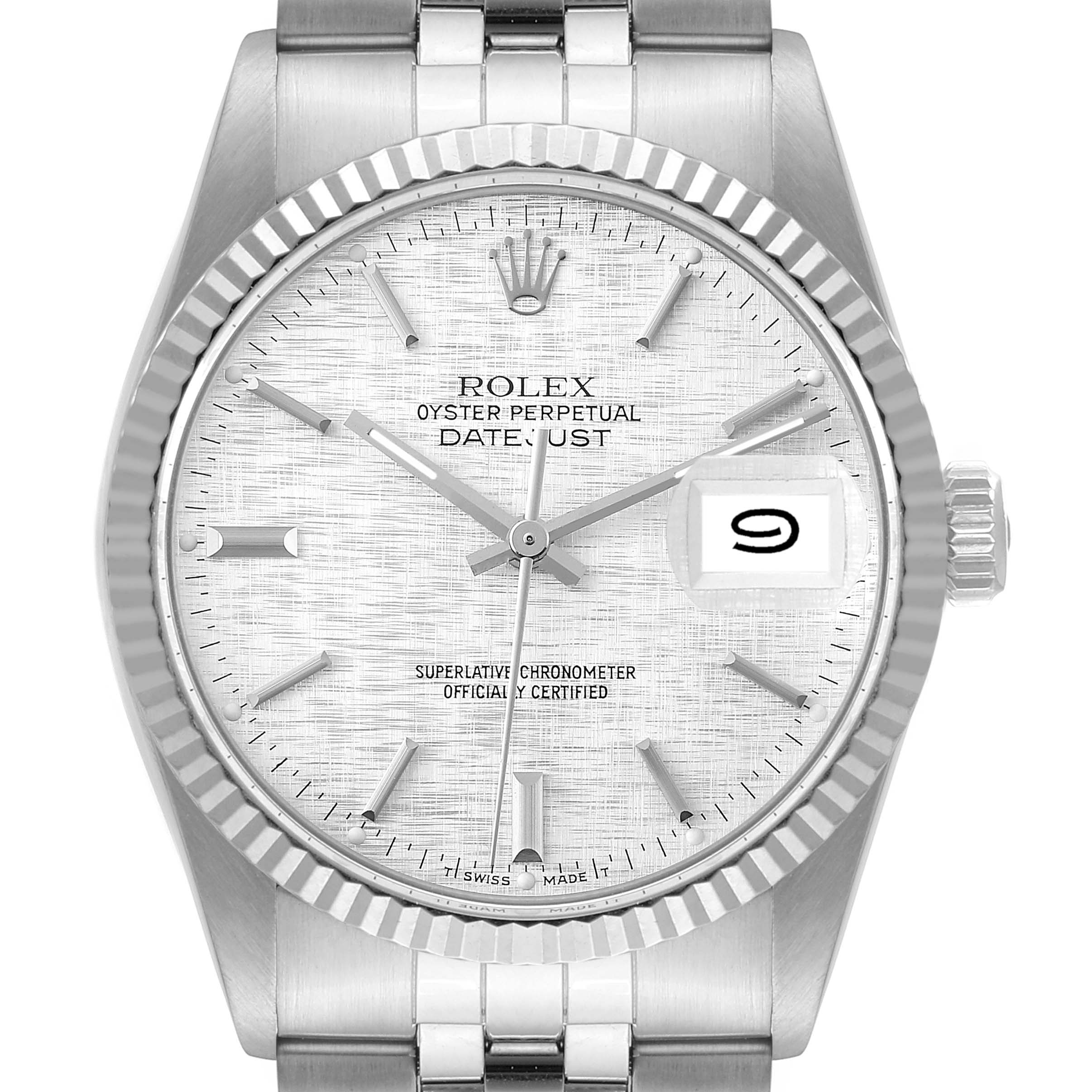 The image shows a front view of a Rolex Datejust 16014 Men's Stainless Steel Silver Dial 16014 Men's Stainless Steel Silver Dial watch, highlighting its face, bezel, and part of the bracelet.