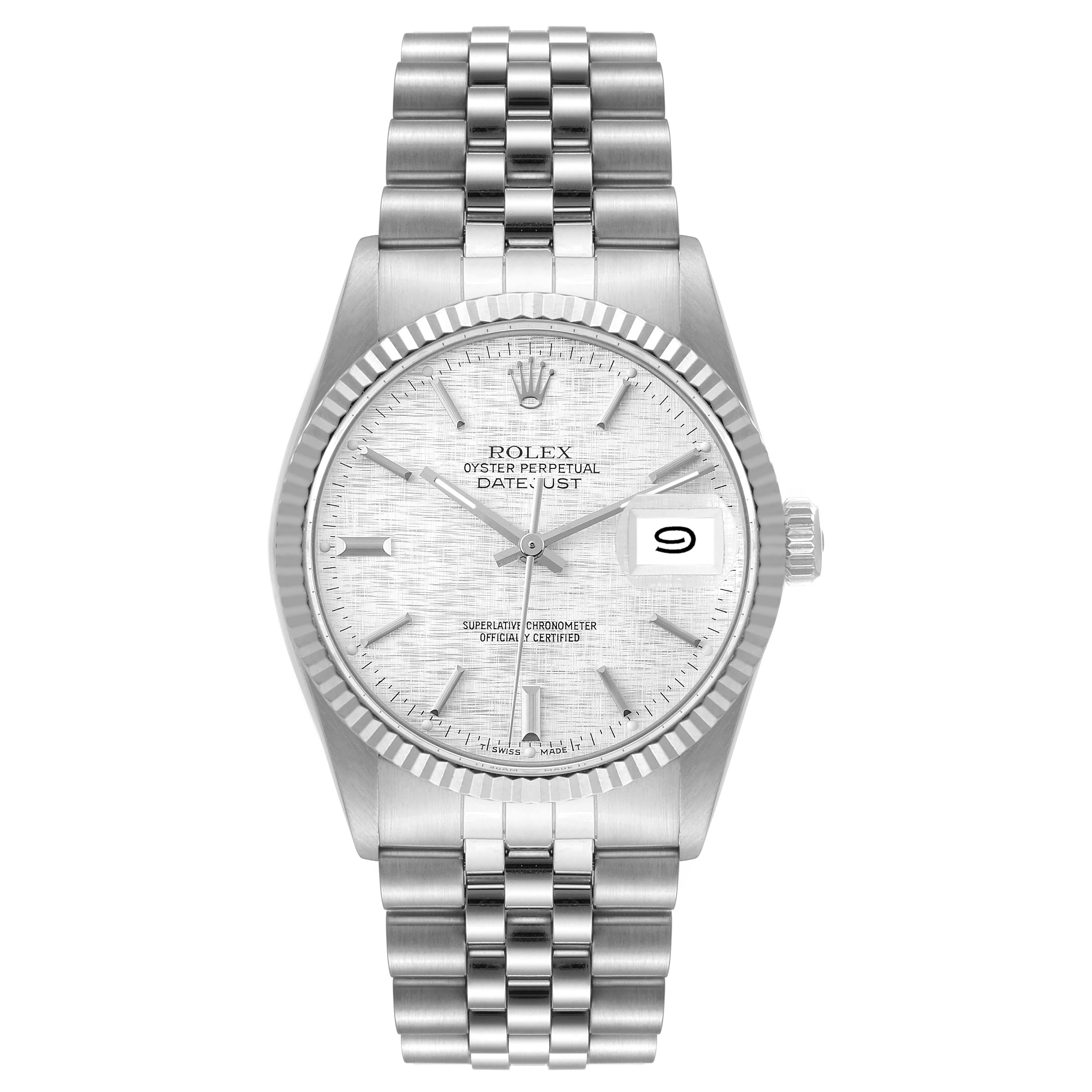 The image shows a Rolex Datejust 16014 Men's Stainless Steel Silver Dial 16014 Men's Stainless Steel Silver Dial watch from a frontal angle, displaying the dial, fluted bezel, and Jubilee bracelet.