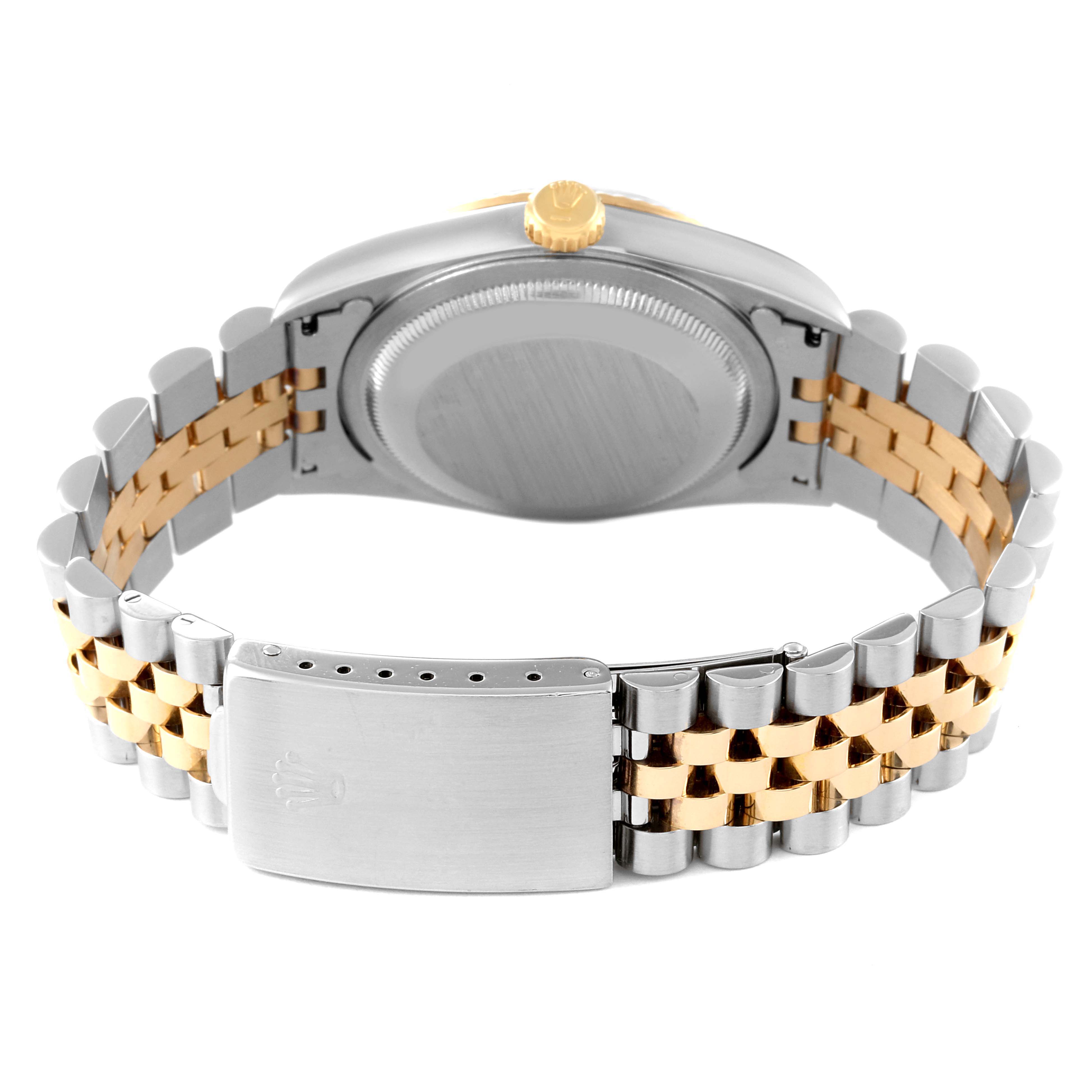 The image shows the back and clasp of a Rolex Datejust 16233 Men's Steel and Gold (two tone) Blue Dial 16233 Men's Steel and Gold (two tone) Blue Dial watch, featuring a two-tone bracelet.