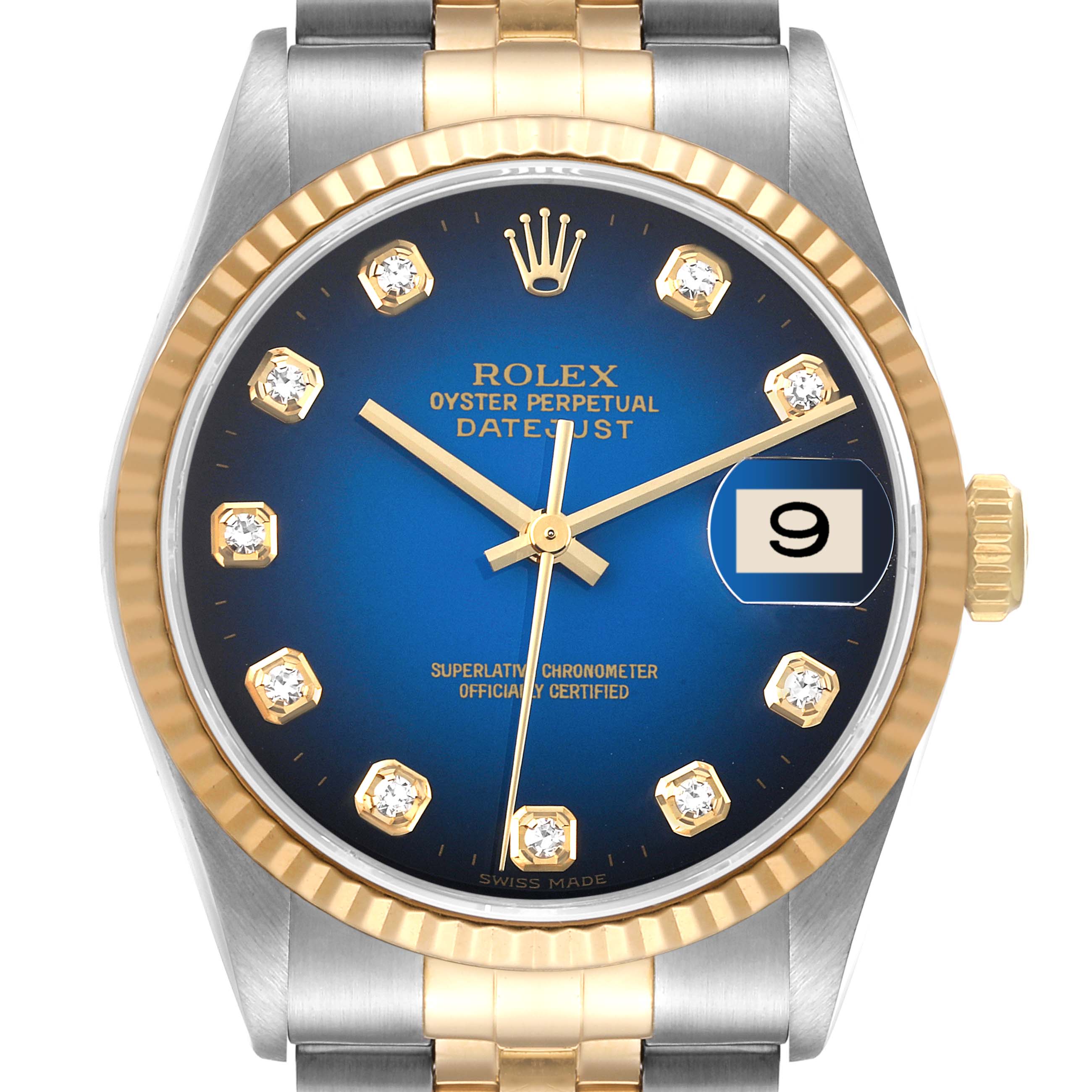 This image shows a Rolex Datejust 16233 Men's Steel and Gold (two tone) Blue Dial 16233 Men's Steel and Gold (two tone) Blue Dial watch, featuring the dial, bezel, crown, and part of the bracelet.