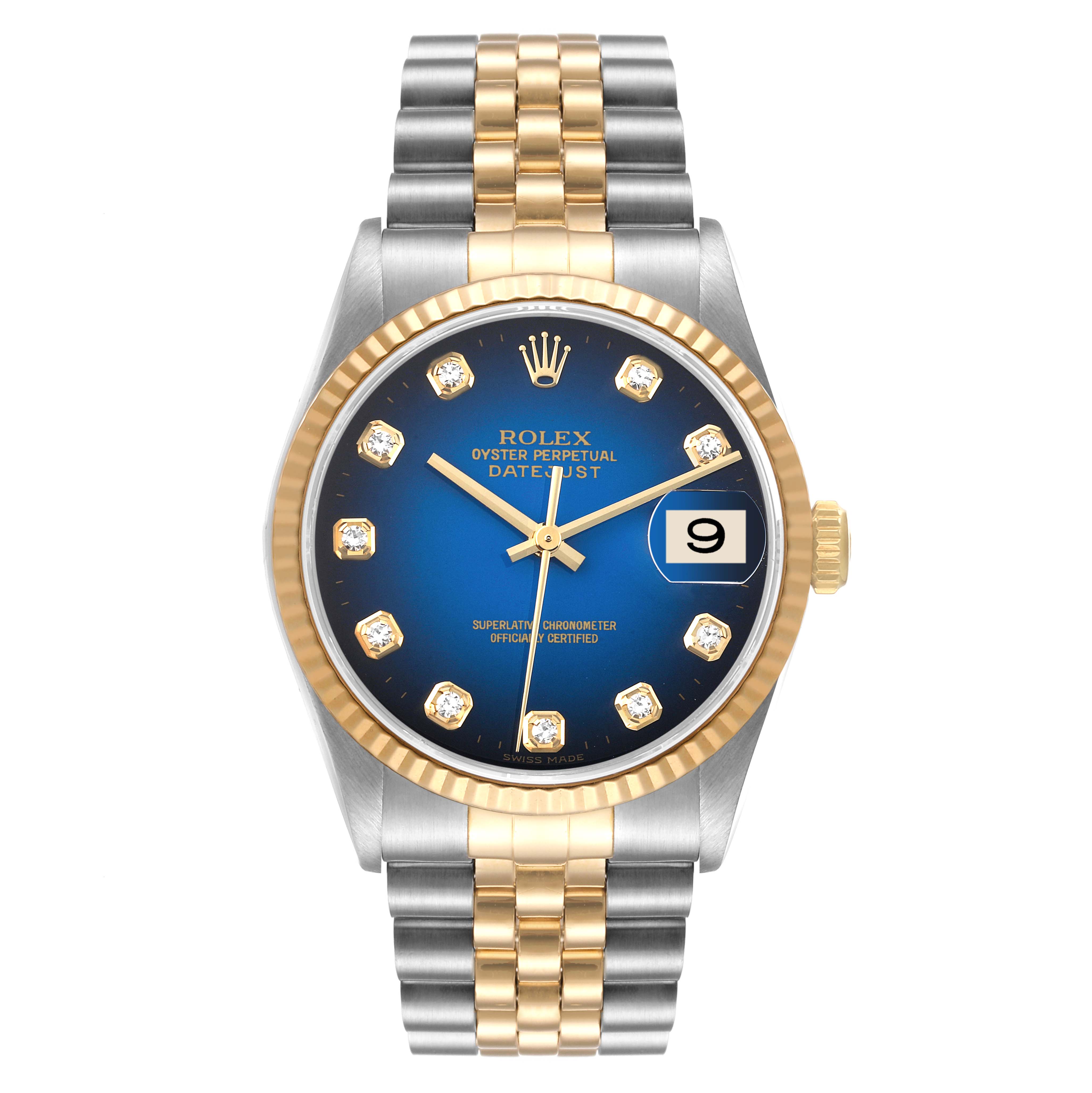 The Rolex Datejust 16233 Men's Steel and Gold (two tone) Blue Dial 16233 Men's Steel and Gold (two tone) Blue Dial watch is shown from the front, displaying the face, bezel, and part of the bracelet.