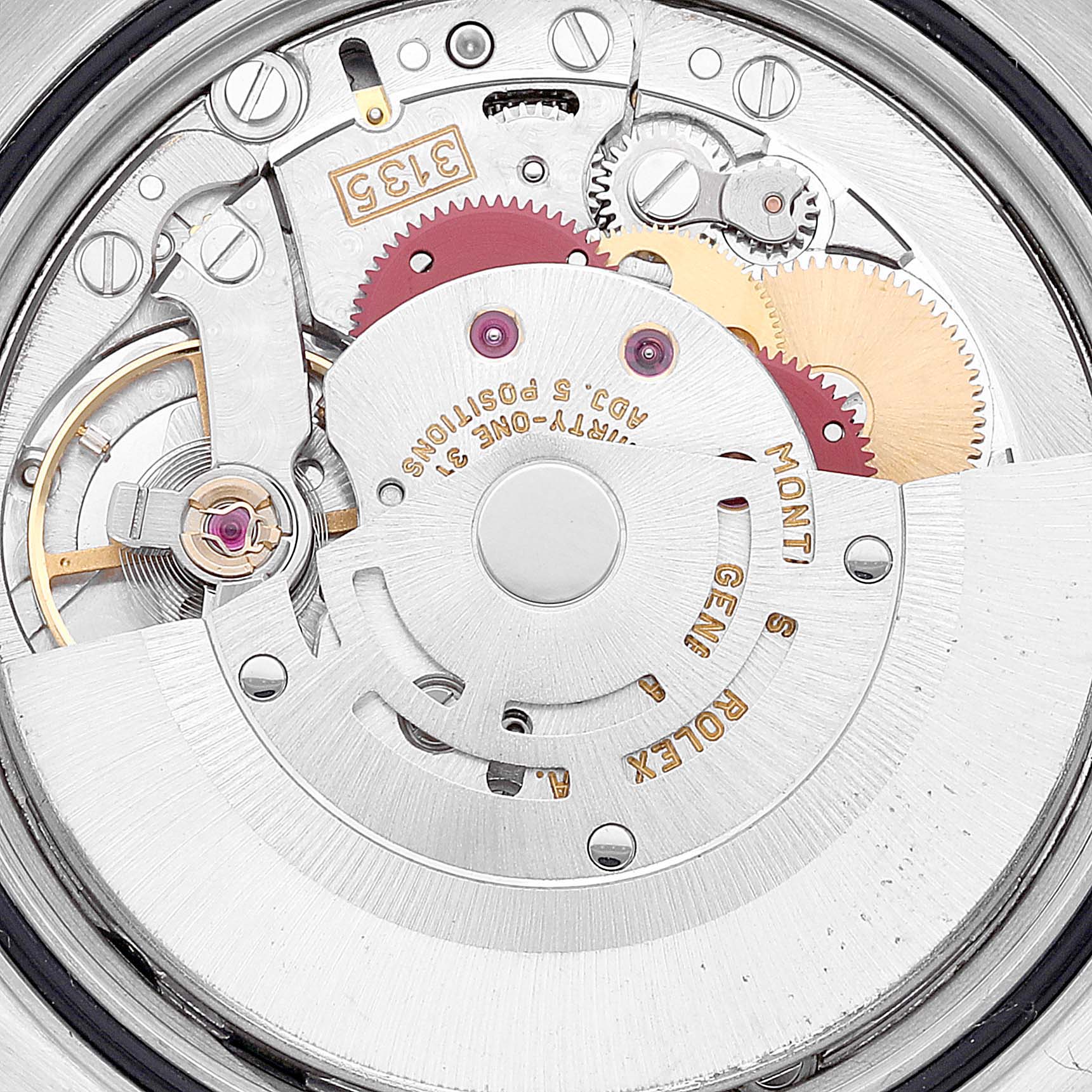The image shows the intricate internal mechanical parts of a Rolex Datejust 16233 Men's Steel and Gold (two tone) Blue Dial 16233 Men's Steel and Gold (two tone) Blue Dial model watch, viewed from the back.