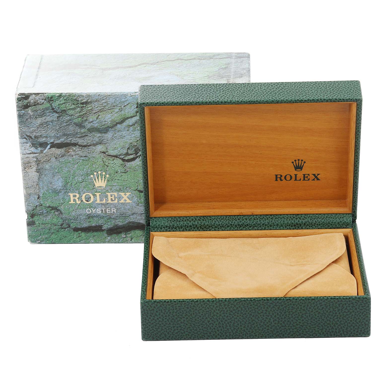 The image shows a Rolex Datejust 16233 Men's Steel and Gold (two tone) Blue Dial 16233 Men's Steel and Gold (two tone) Blue Dial watch box with green textured exterior, open to reveal the inner wooden lining and a tan suede pouch.