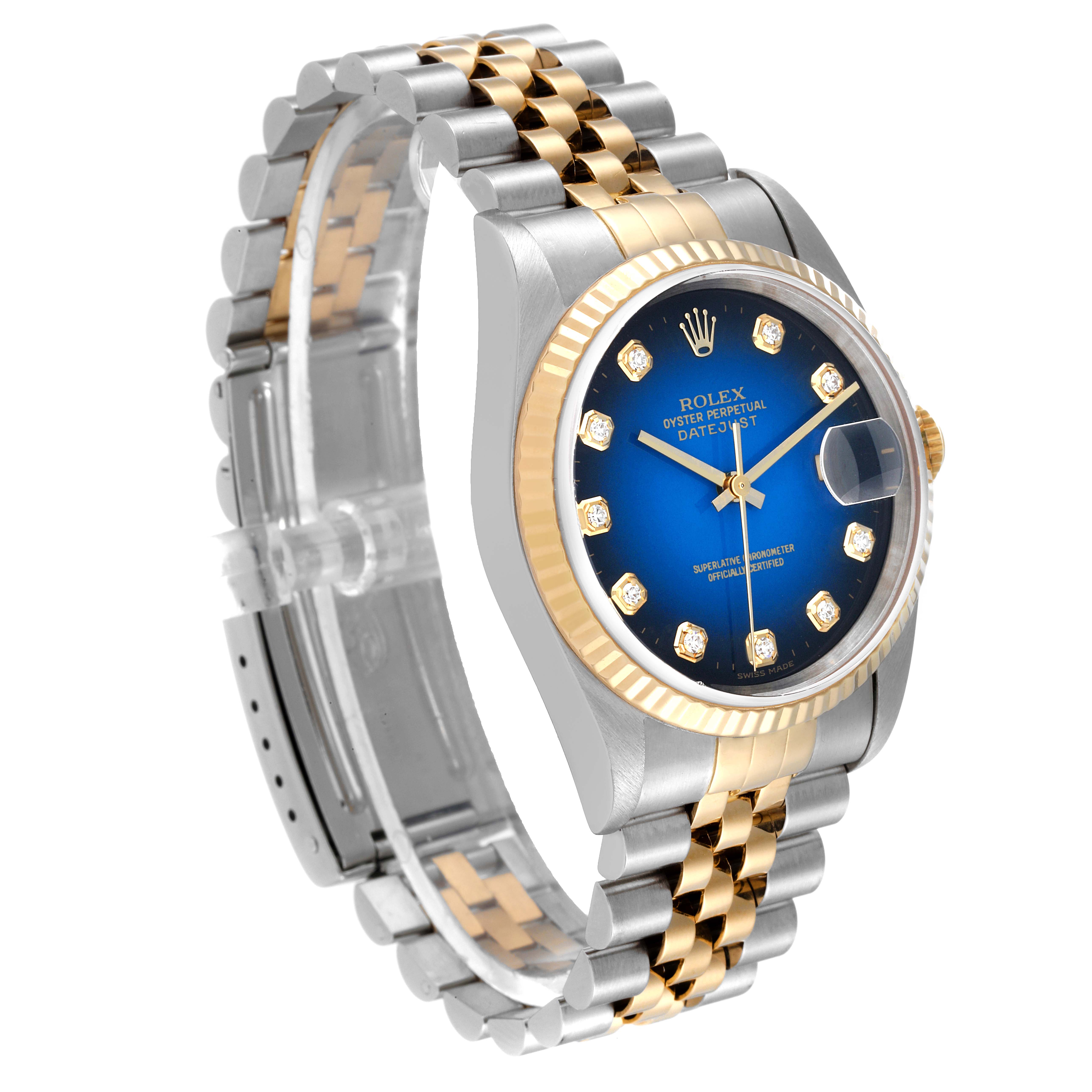 The Rolex Datejust 16233 Men's Steel and Gold (two tone) Blue Dial 16233 Men's Steel and Gold (two tone) Blue Dial watch is shown at an angled view displaying the dial, bezel, and Jubilee bracelet.
